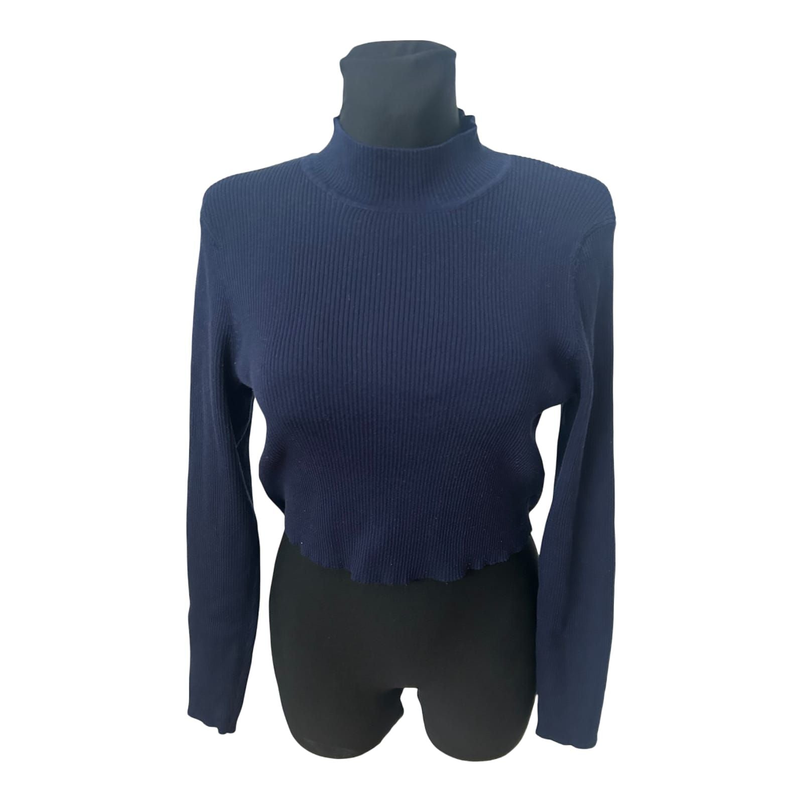 H&M Pullover Damen Gr L Dunkelblau Crop Stehkragen Stretch Feinripp Modern
