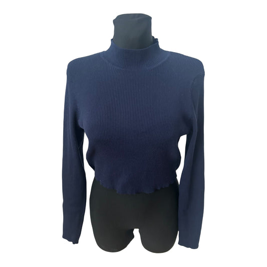 H&M Pullover Damen Gr L Dunkelblau Crop Stehkragen Stretch Feinripp Modern