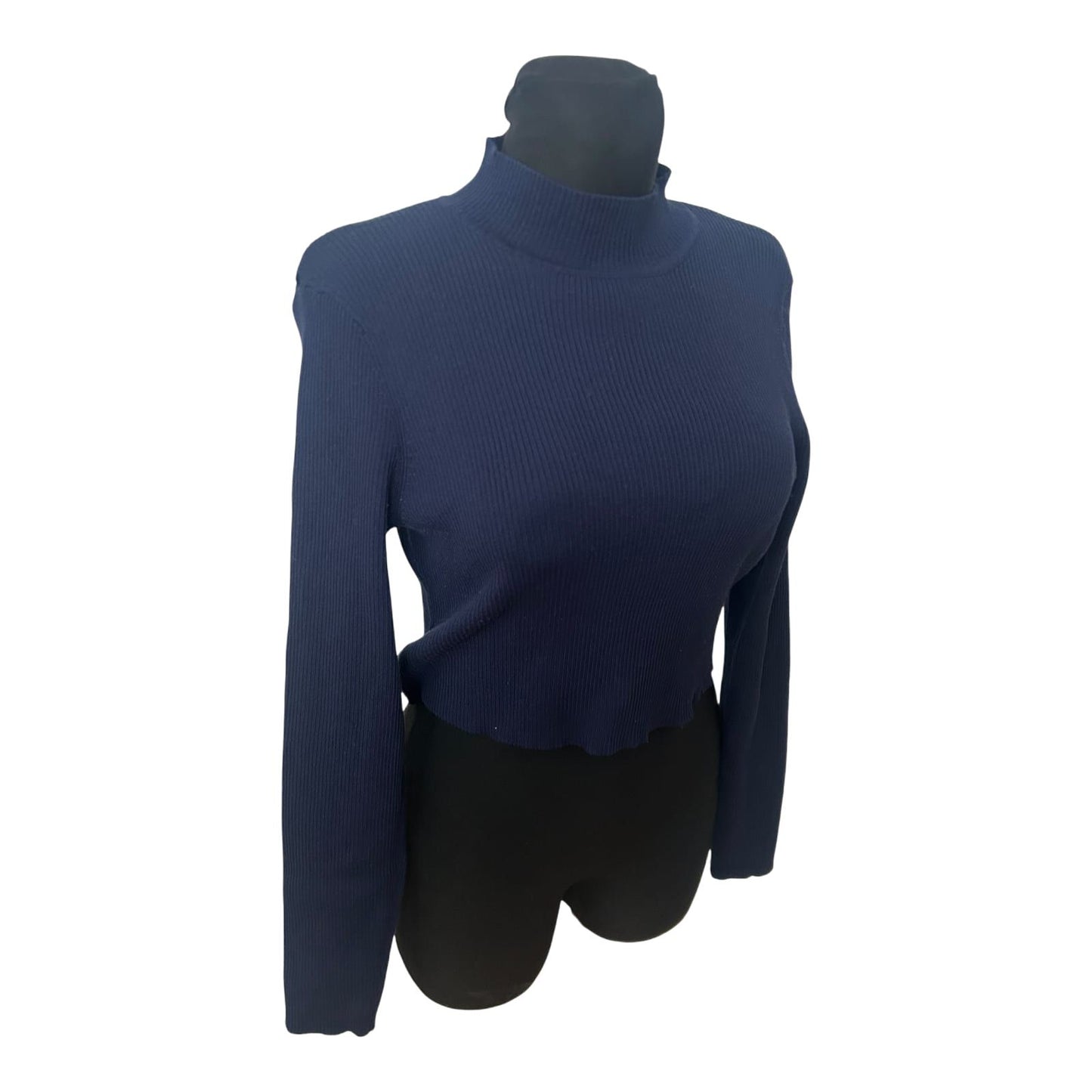 H&M Pullover Damen Gr L Dunkelblau Crop Stehkragen Stretch Feinripp Modern