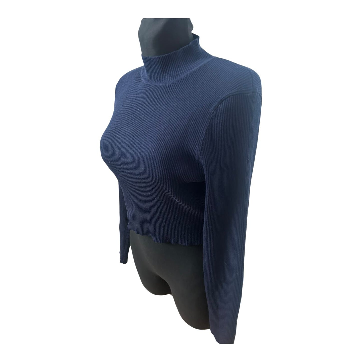 H&M Pullover Damen Gr L Dunkelblau Crop Stehkragen Stretch Feinripp Modern