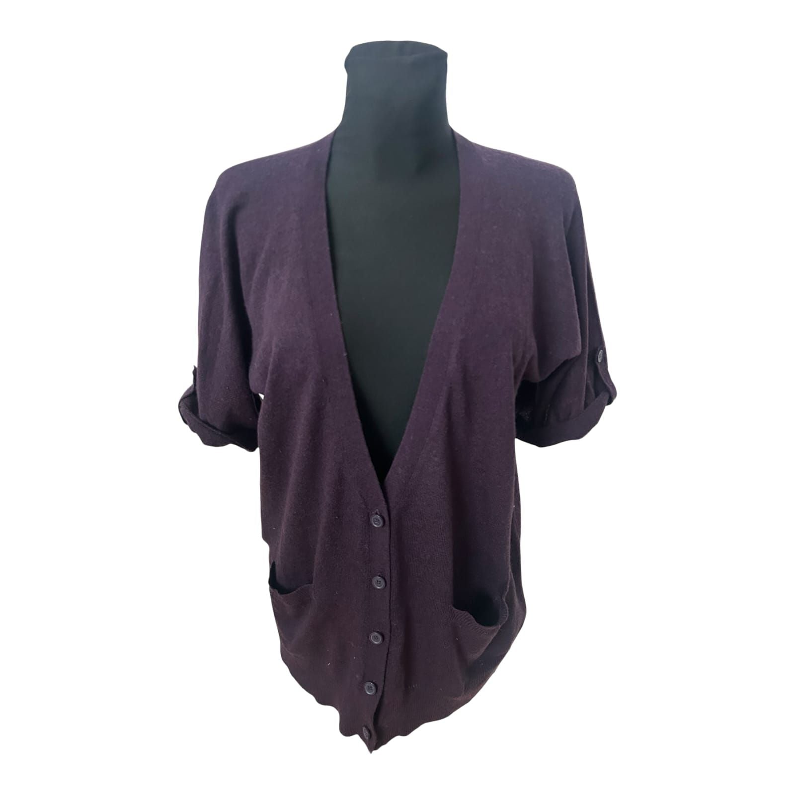 Yessica Strickjacke Damen M Dunkelviolett Kurzarm V Ausschnitt Taschen