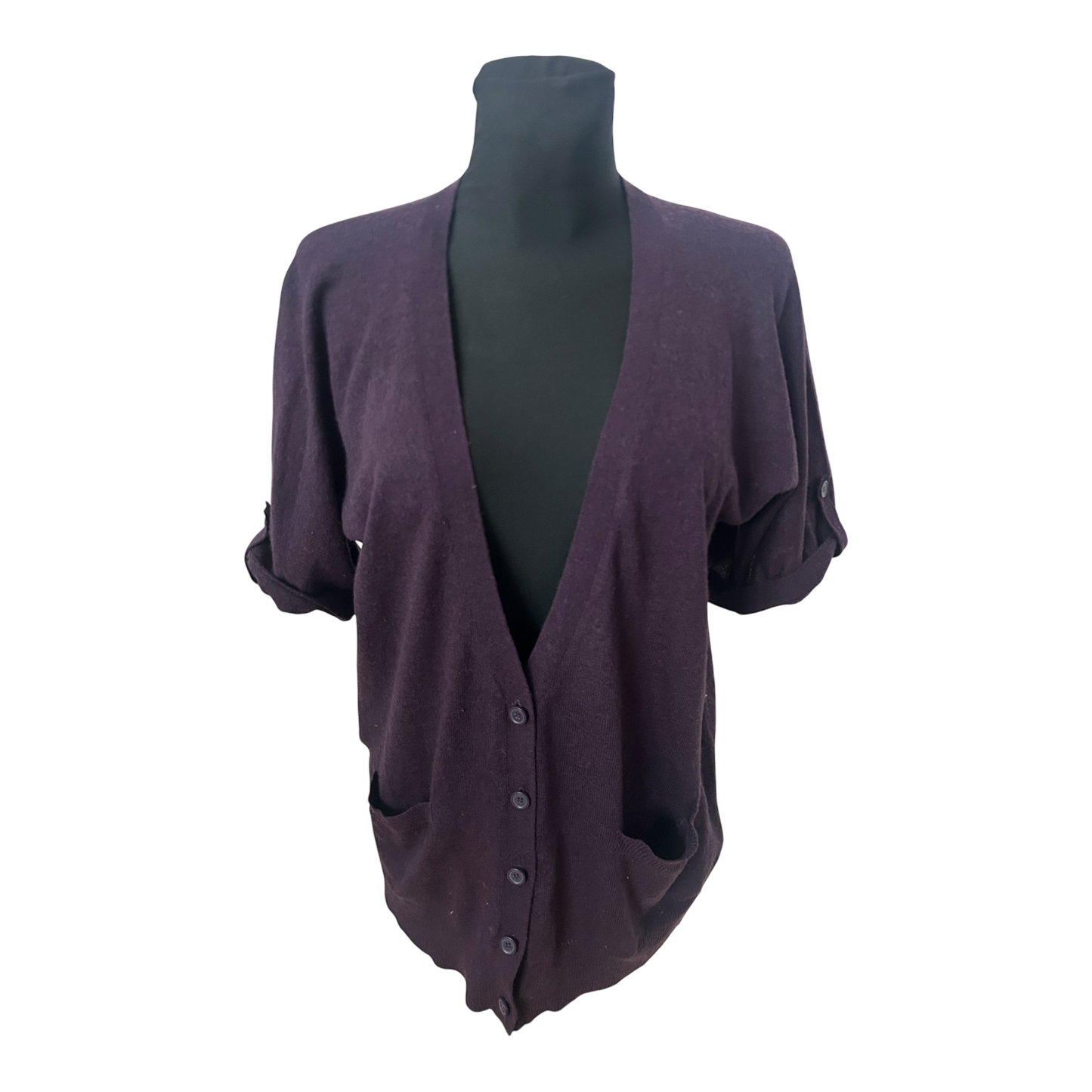 Yessica Strickjacke Damen M Dunkelviolett Kurzarm V Ausschnitt Taschen