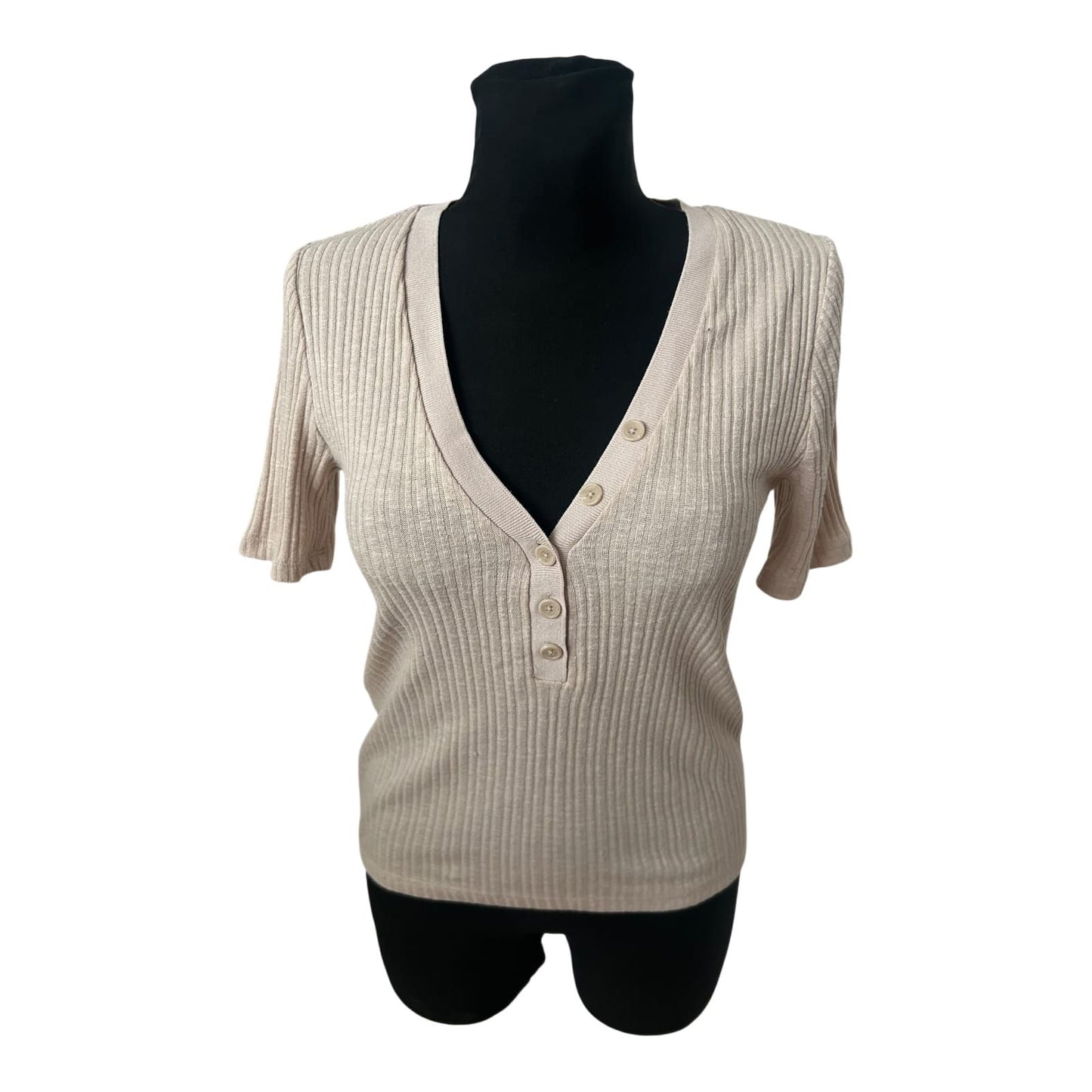 Mango Strickpullover Damen Gr M Beige Kurzarm Basic Baumwollmix Stretch Sommer