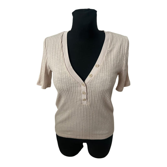 Mango Strickpullover Damen Gr M Beige Kurzarm Basic Baumwollmix Stretch Sommer