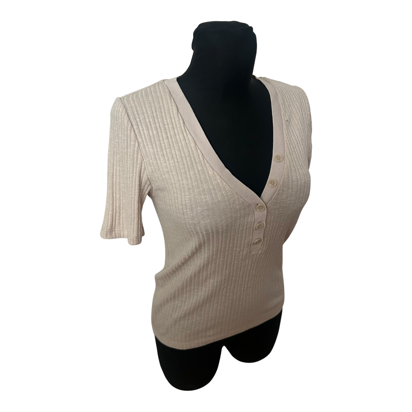 Mango Strickpullover Damen Gr M Beige Kurzarm Basic Baumwollmix Stretch Sommer