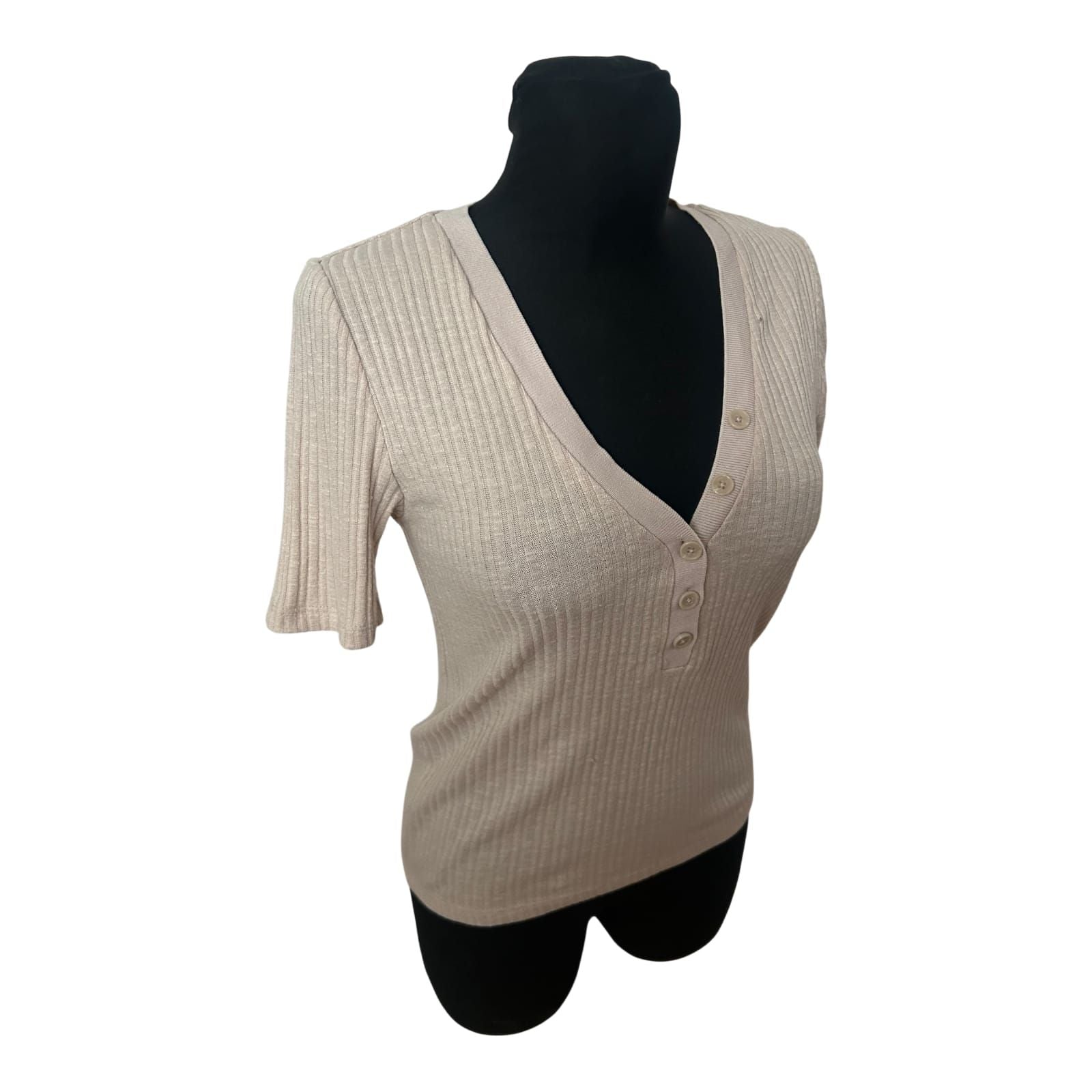 Mango Strickpullover Damen Gr M Beige Kurzarm Basic Baumwollmix Stretch Sommer