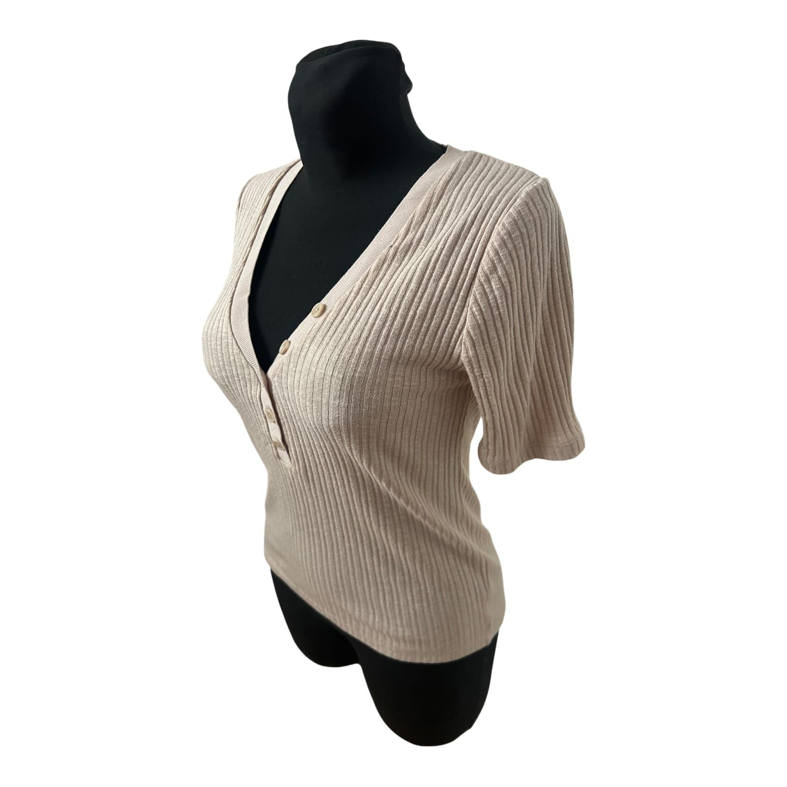 Mango Strickpullover Damen Gr M Beige Kurzarm Basic Baumwollmix Stretch Sommer
