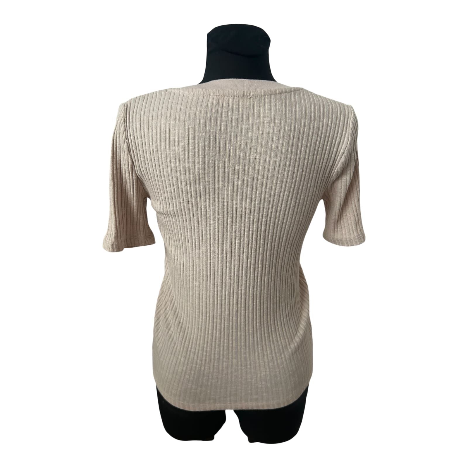 Mango Strickpullover Damen Gr M Beige Kurzarm Basic Baumwollmix Stretch Sommer