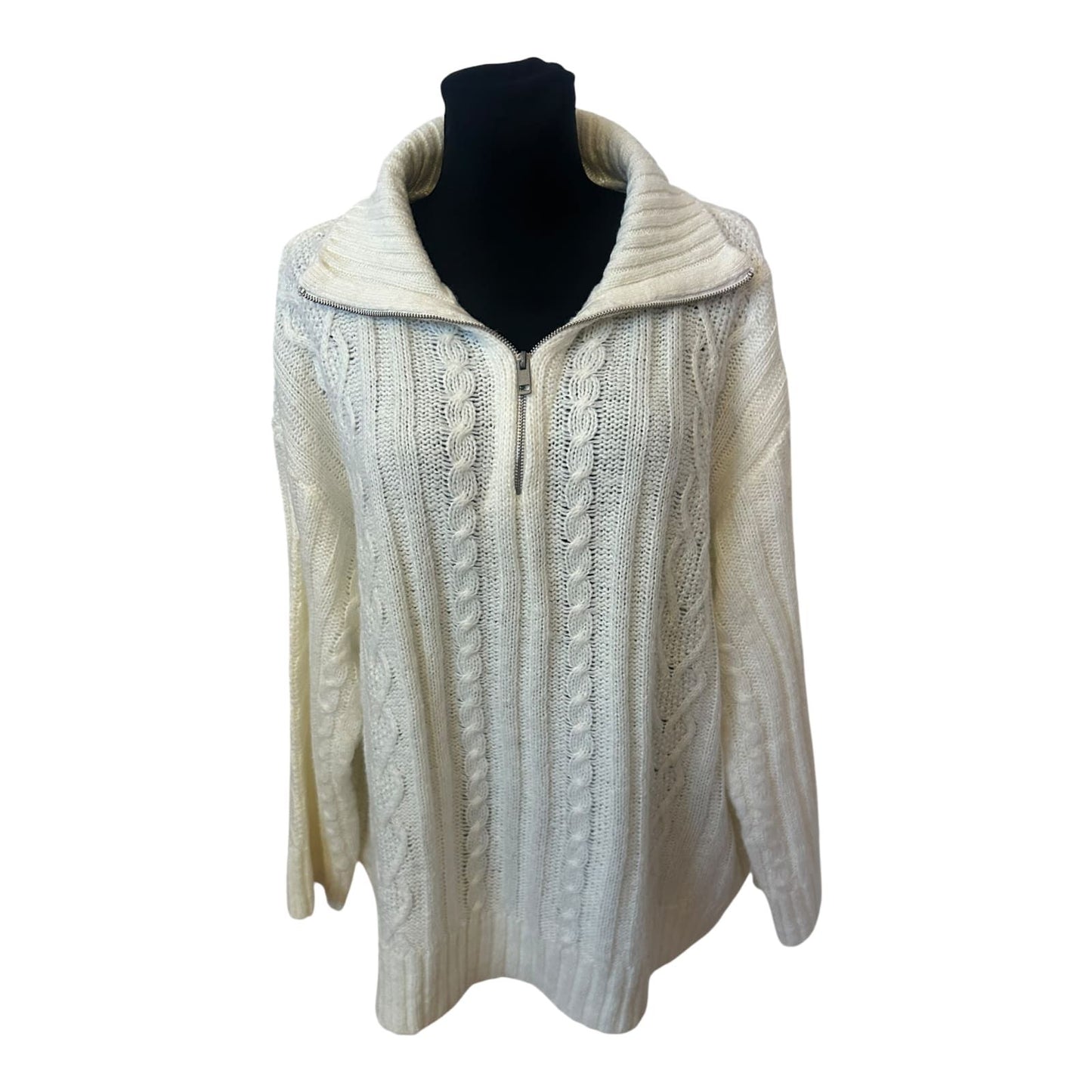 H&M Damen Strickpullover XXL Creme Zopfmuster Reissverschluss Oversize