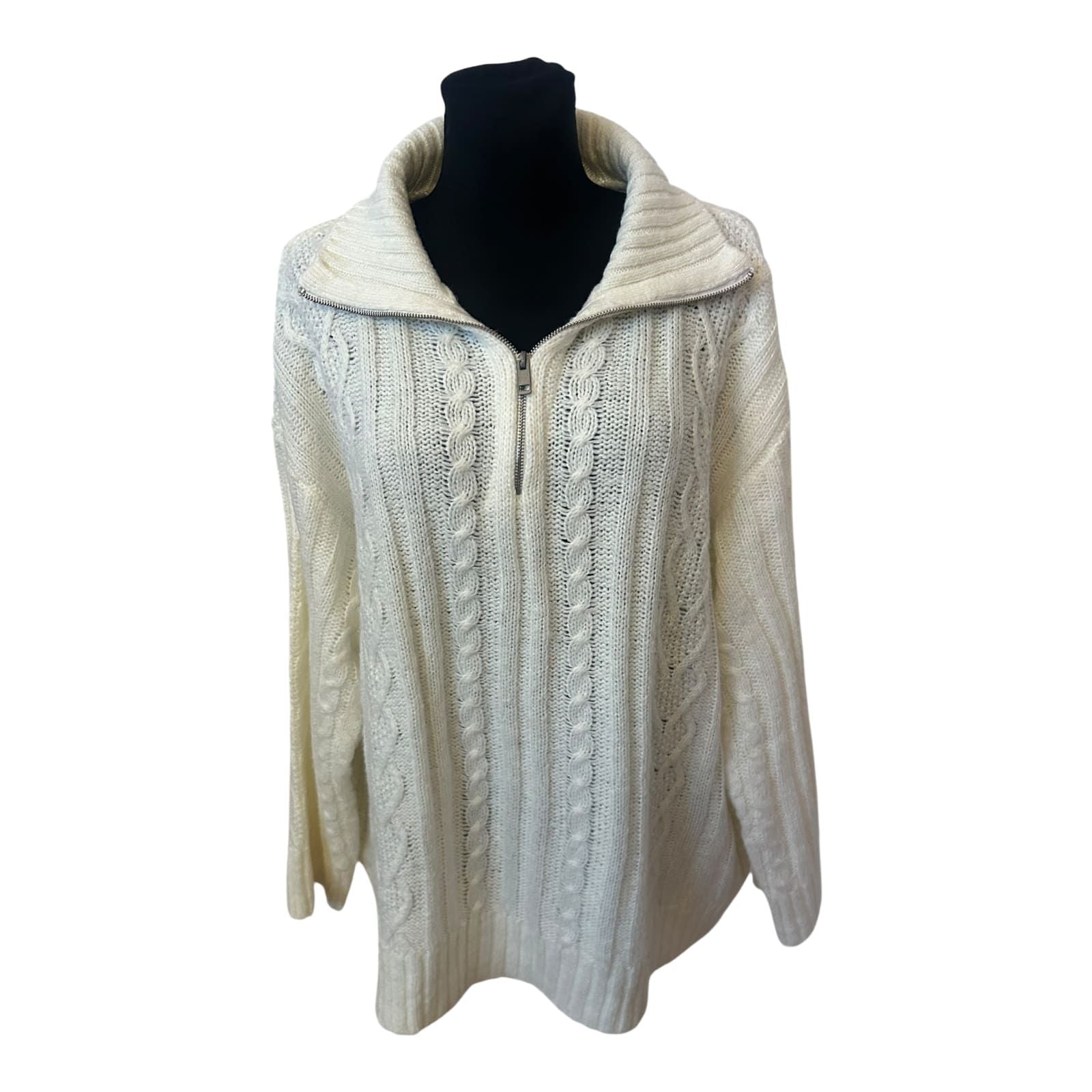 H&M Damen Strickpullover XXL Creme Zopfmuster Reissverschluss Oversize