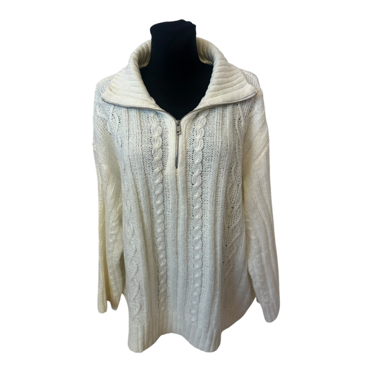 H&M Damen Strickpullover XXL Creme Zopfmuster Reissverschluss Oversize