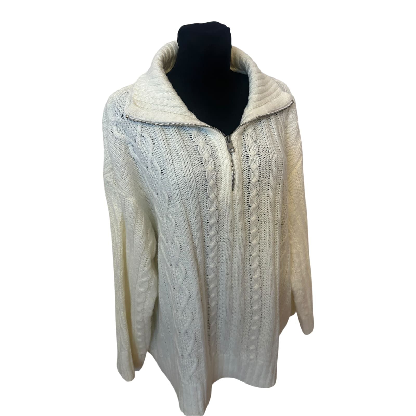H&M Damen Strickpullover XXL Creme Zopfmuster Reissverschluss Oversize