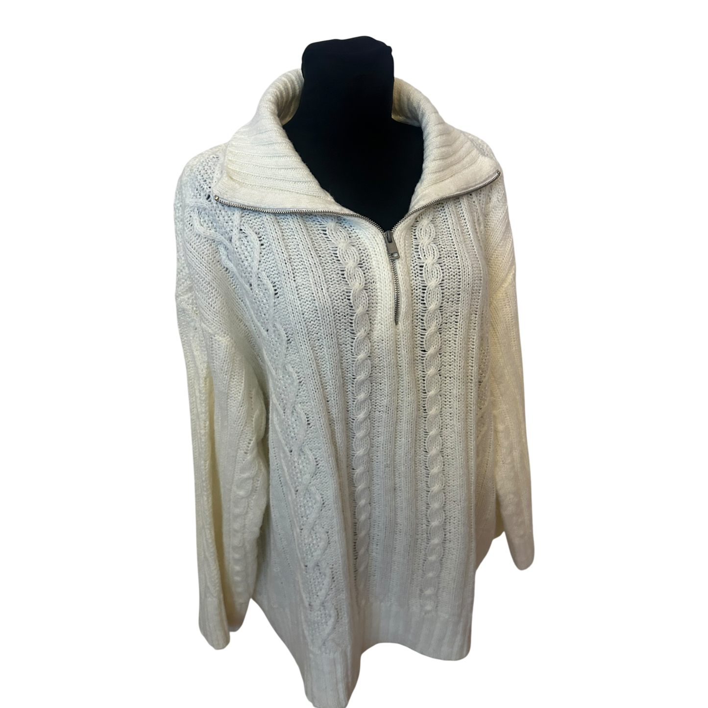 H&M Damen Strickpullover XXL Creme Zopfmuster Reissverschluss Oversize