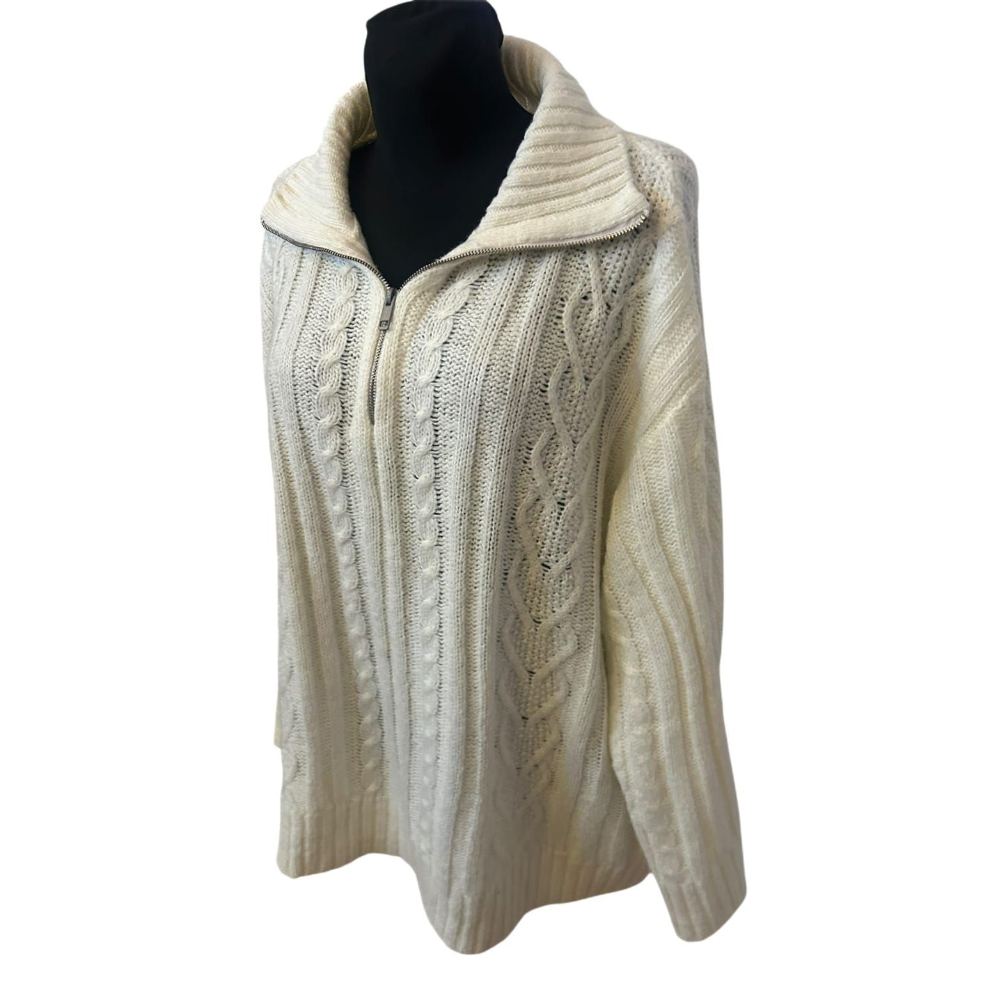 H&M Damen Strickpullover XXL Creme Zopfmuster Reissverschluss Oversize