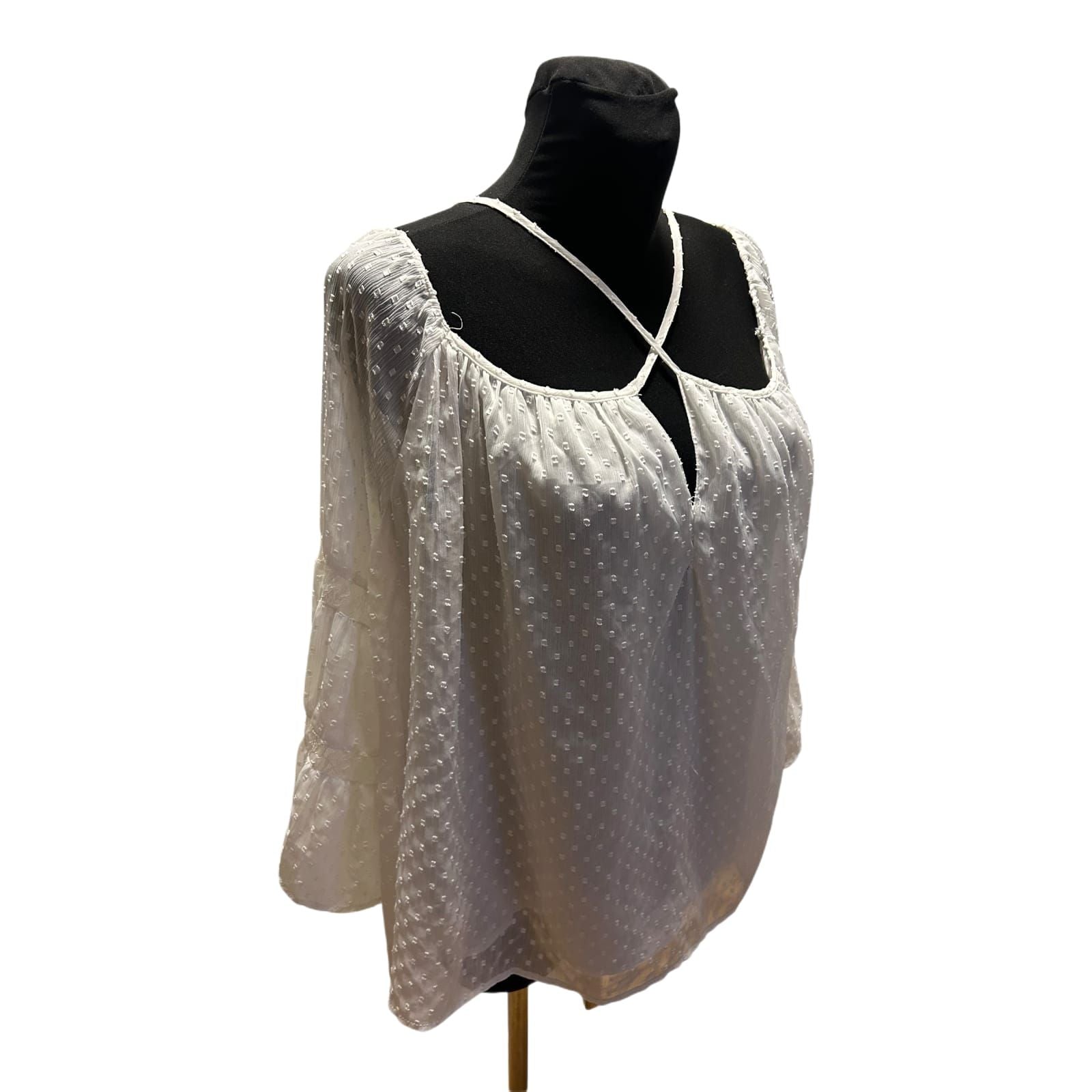 Zara Woman Damen Bluse Weiß Gr L Transparent 3/4 Arm Sommer Frühling
