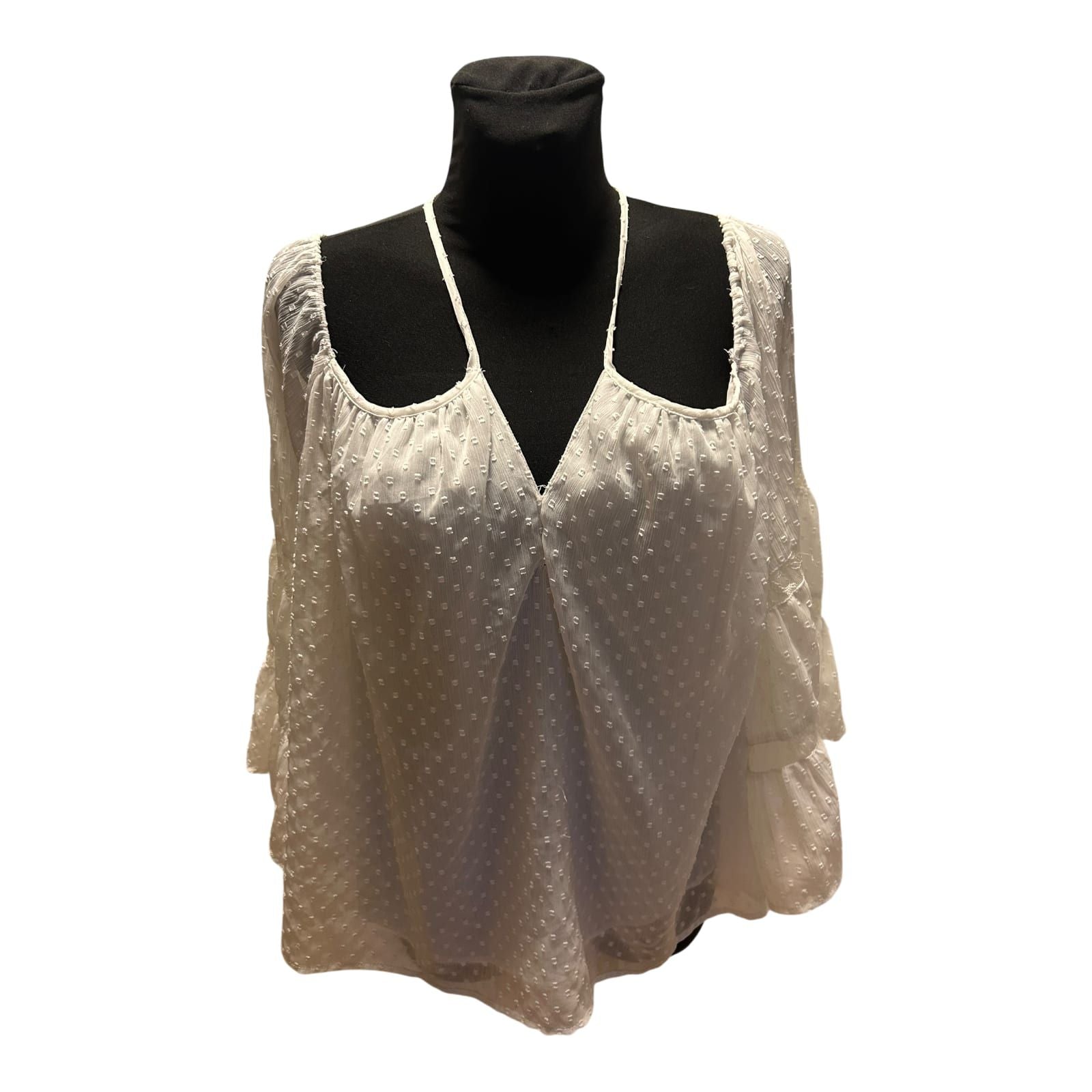 Zara Woman Damen Bluse Weiß Gr L Transparent 3/4 Arm Sommer Frühling