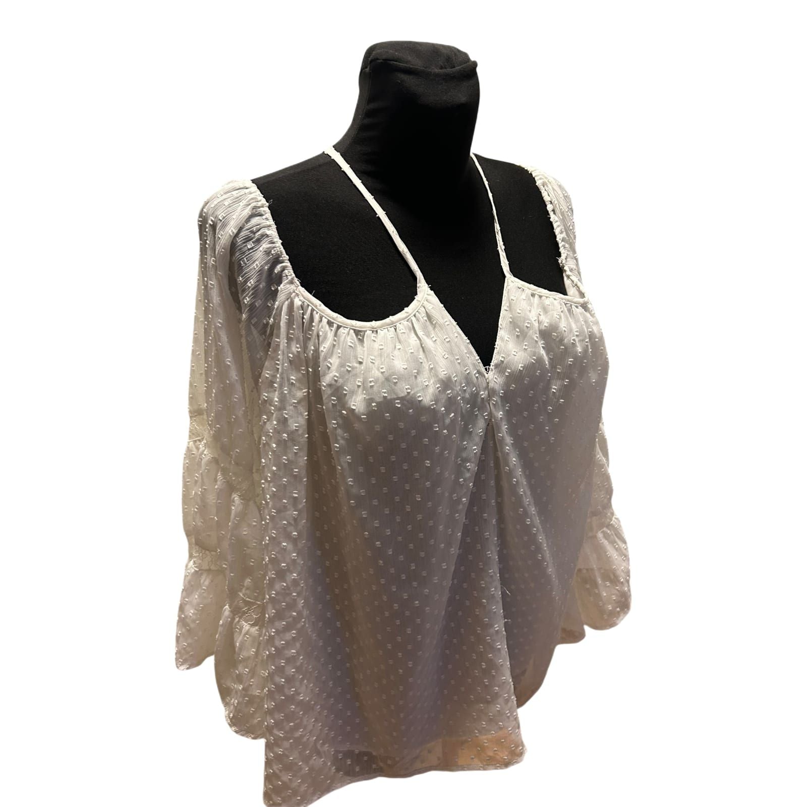 Zara Woman Damen Bluse Weiß Gr L Transparent 3/4 Arm Sommer Frühling