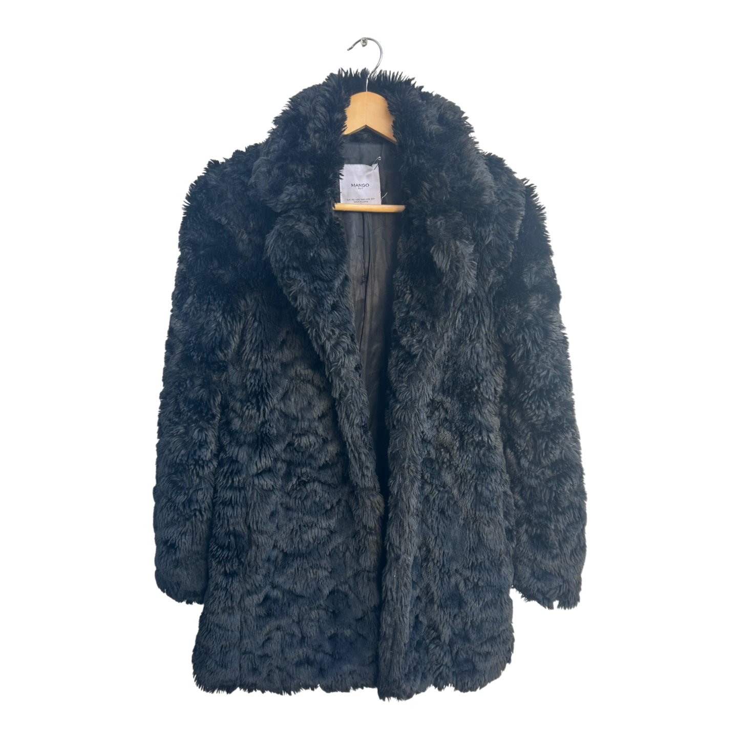 Mango Suit Damen Mantel Gr XS Schwarz Kunstpelz Flauschig Elegant Warm Mit Futter