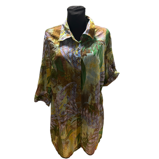 Ulla Popken Bluse Damen Gr 50 Grün Braun Baumwolle Krempelarm Lang