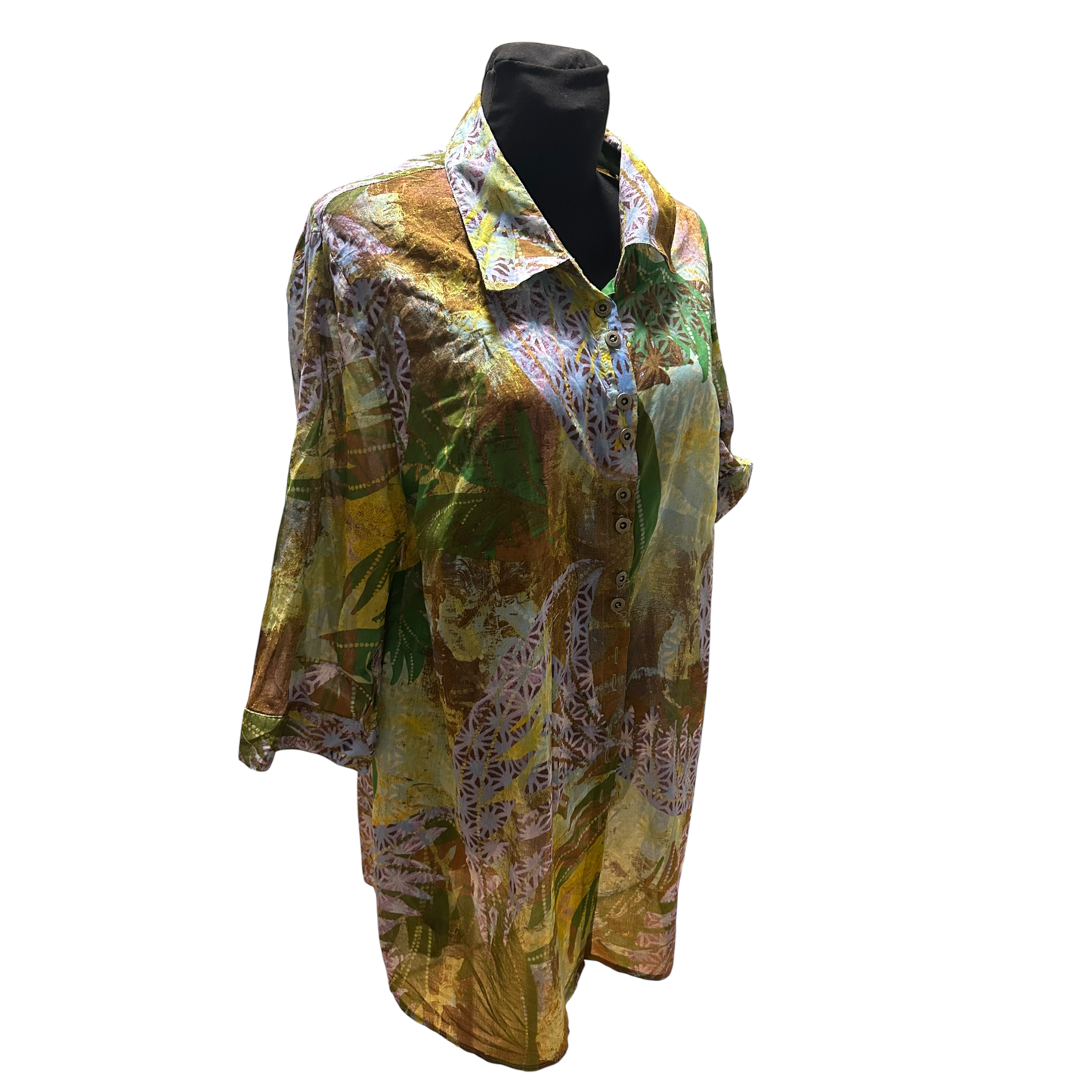 Ulla Popken Bluse Damen Gr 50 Grün Braun Baumwolle Krempelarm Lang