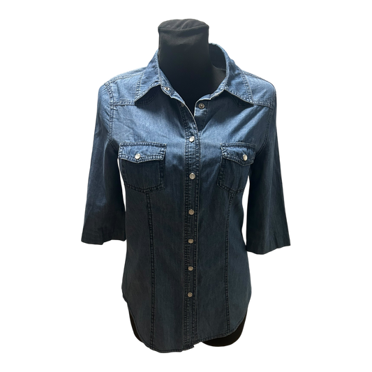 Yessica Jeansbluse 3/4 Arm Damen Gr 36 Blau Hemdbluse Baumwolle Druckknöpfe