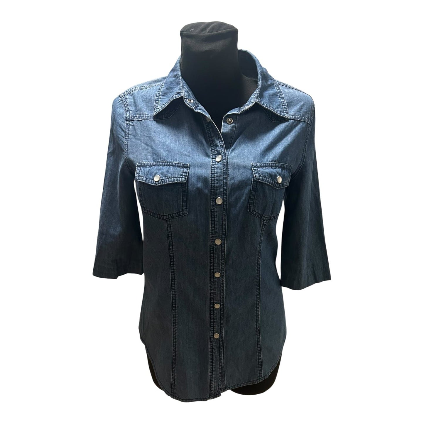 Yessica Jeansbluse 3/4 Arm Damen Gr 36 Blau Hemdbluse Baumwolle Druckknöpfe