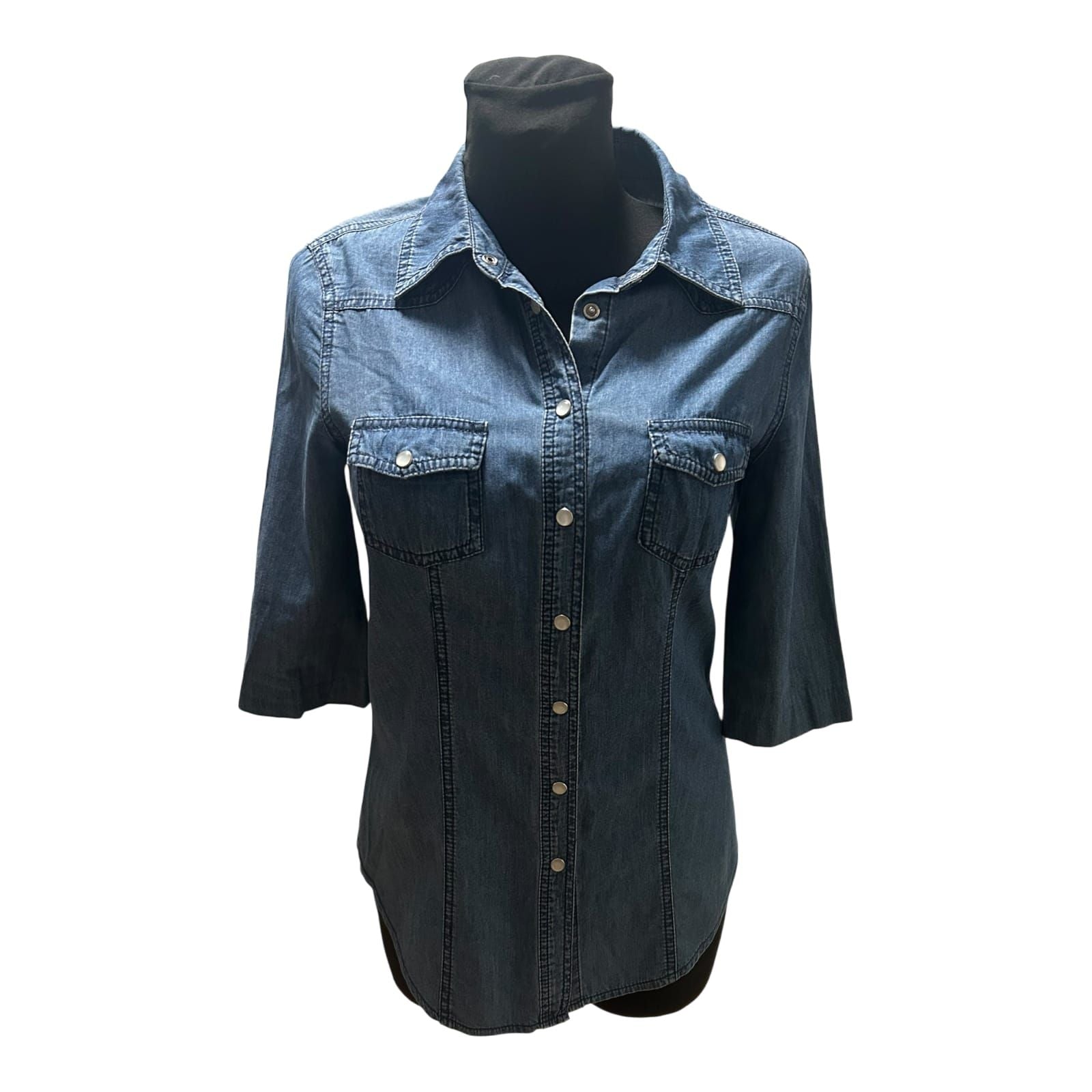 Yessica Jeansbluse 3/4 Arm Damen Gr 36 Blau Hemdbluse Baumwolle Druckknöpfe