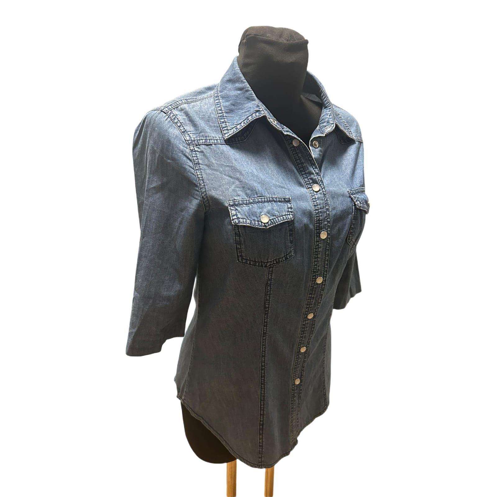 Yessica Jeansbluse 3/4 Arm Damen Gr 36 Blau Hemdbluse Baumwolle Druckknöpfe
