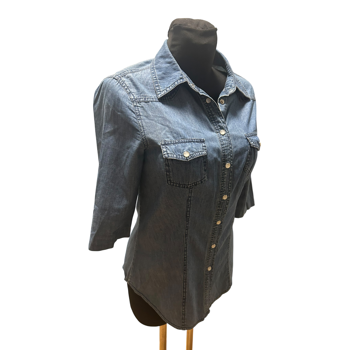 Yessica Jeansbluse 3/4 Arm Damen Gr 36 Blau Hemdbluse Baumwolle Druckknöpfe