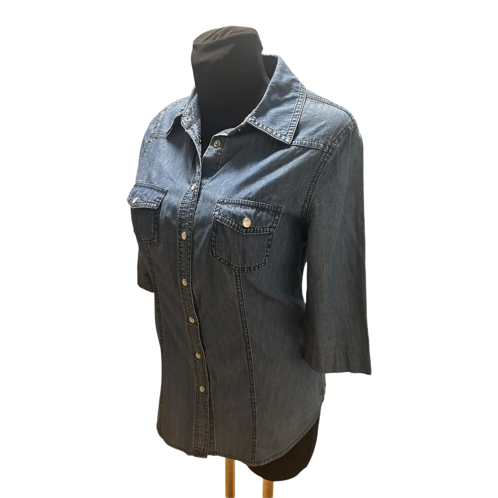 Yessica Jeansbluse 3/4 Arm Damen Gr 36 Blau Hemdbluse Baumwolle Druckknöpfe