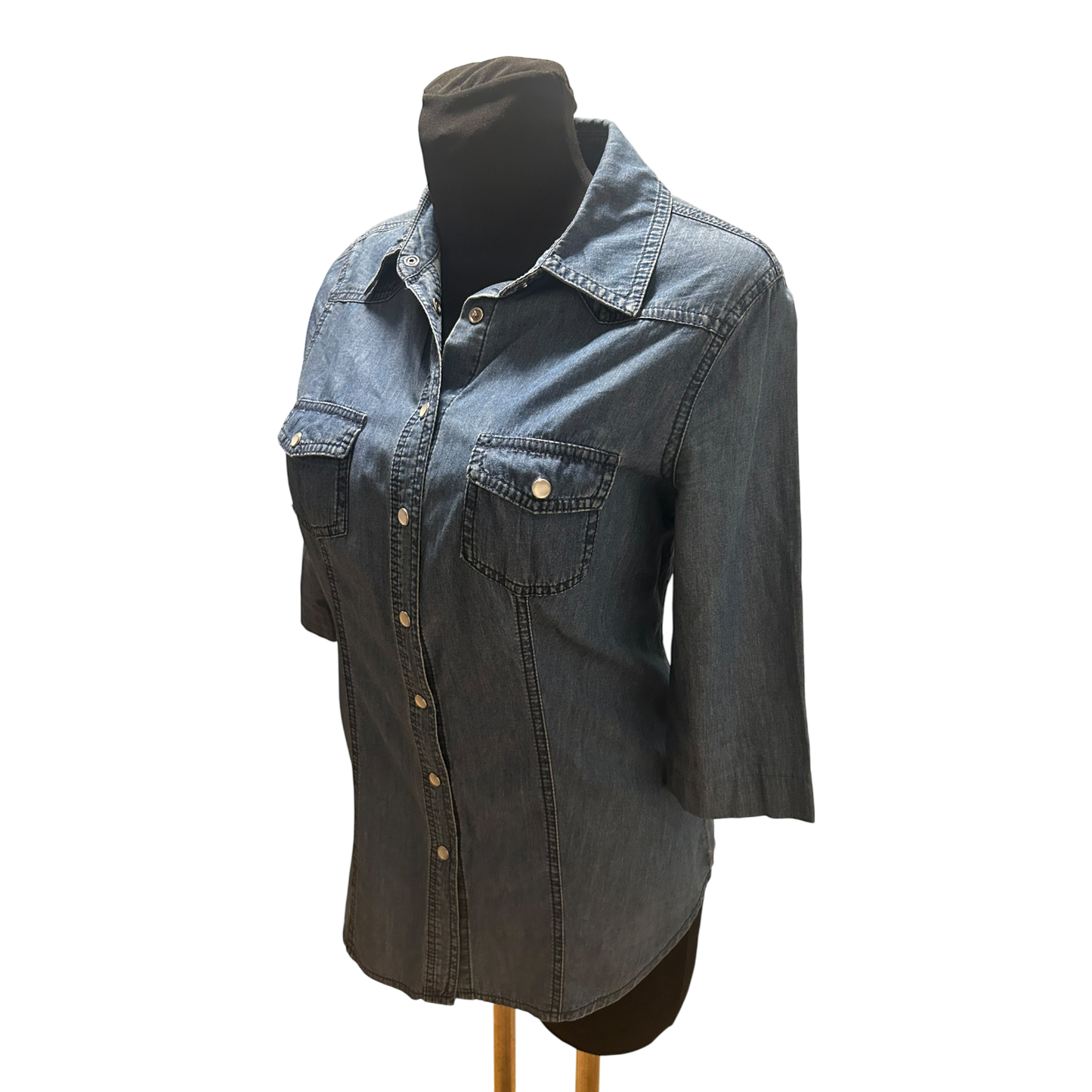Yessica Jeansbluse 3/4 Arm Damen Gr 36 Blau Hemdbluse Baumwolle Druckknöpfe