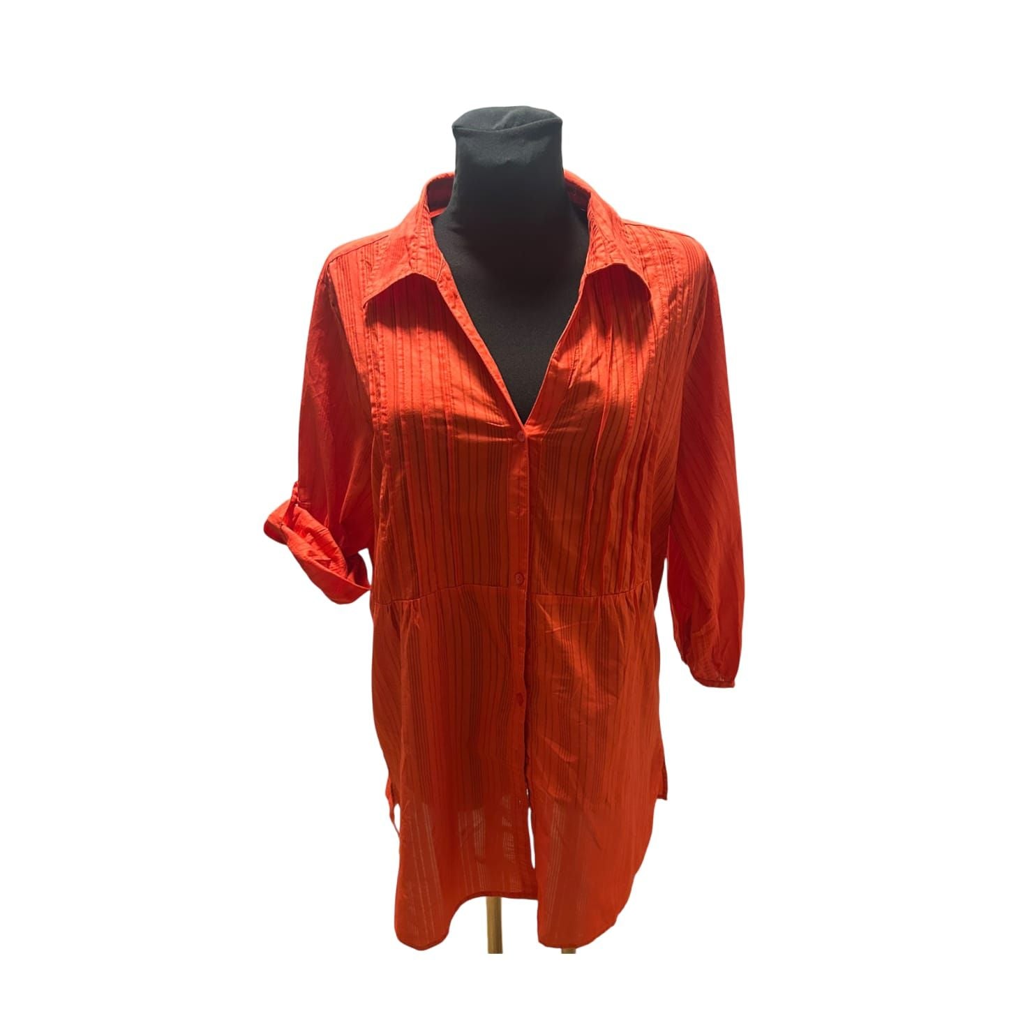 Esmara Longbluse Damen Gr XL Rot Streifen Baumwolle Krempelärmel