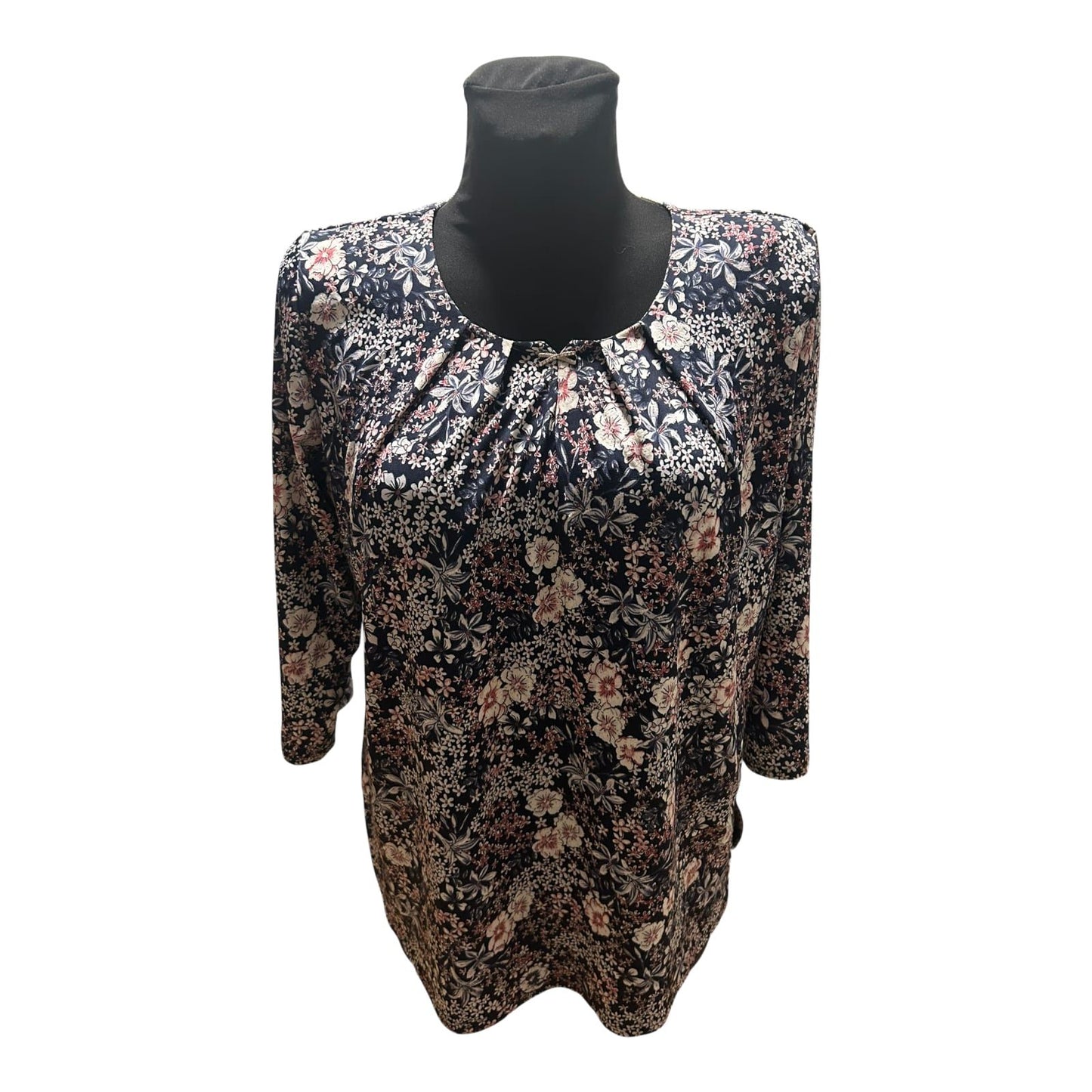 Terreti Bluse Damen Gr L Schwarz Blumen 3/4 Arm Strassbrosche Elegant
