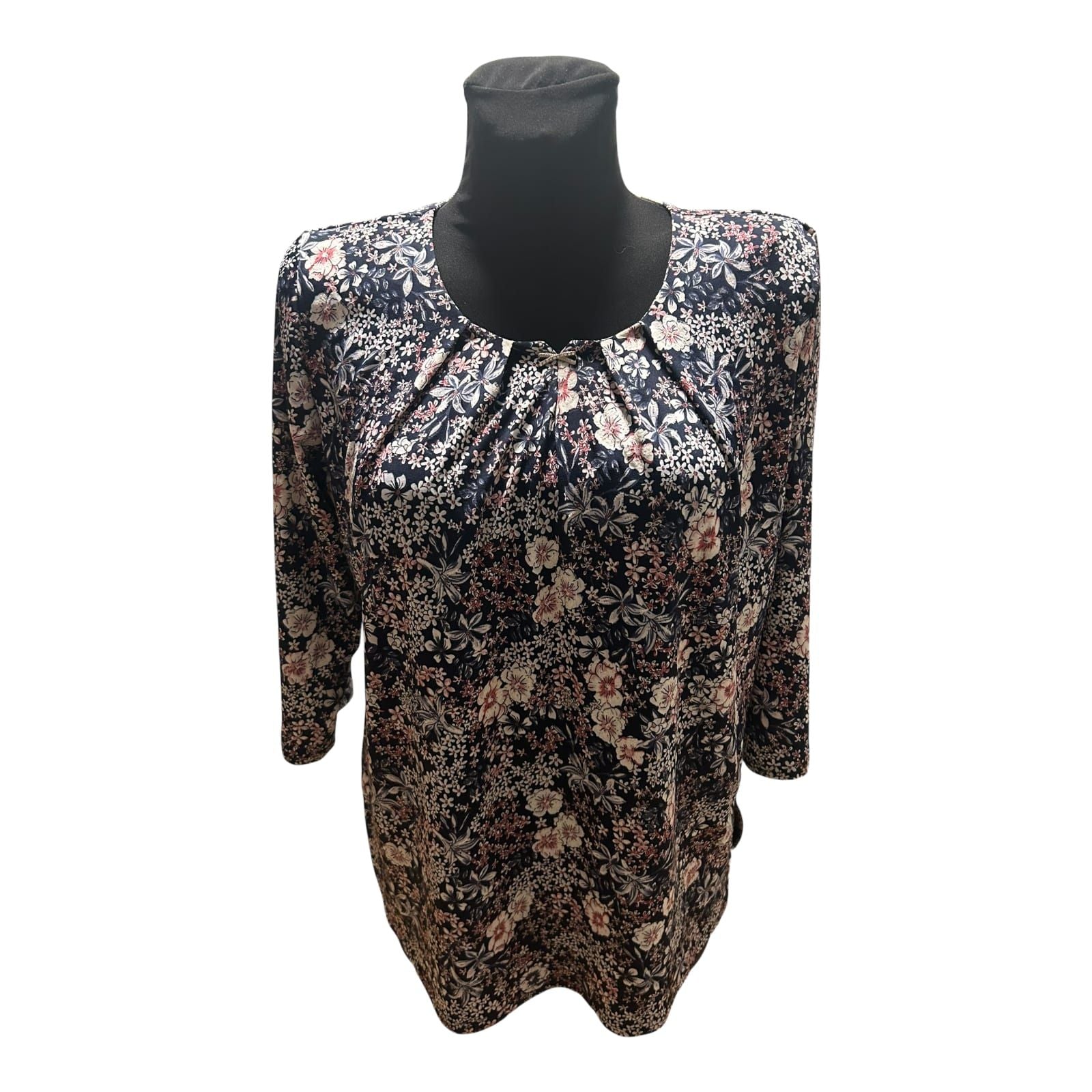 Terreti Bluse Damen Gr L Schwarz Blumen 3/4 Arm Strassbrosche Elegant