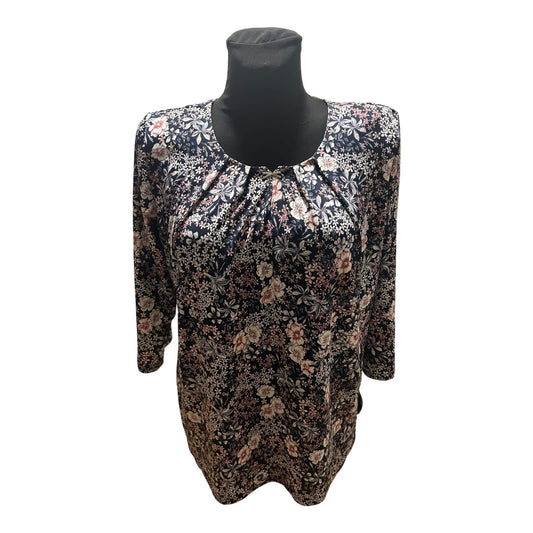 Terreti Bluse Damen Gr L Schwarz Blumen 3/4 Arm Strassbrosche Elegant