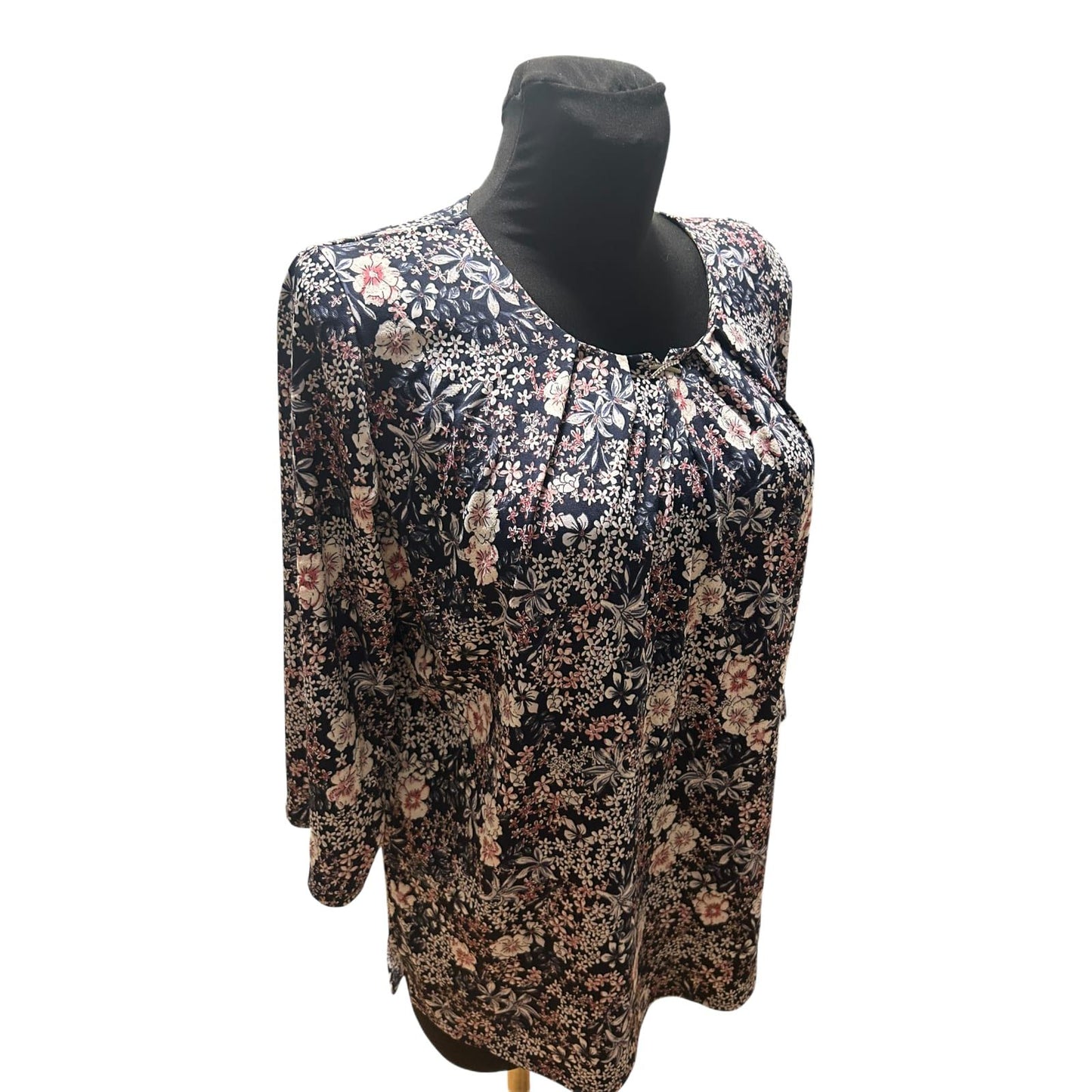 Terreti Bluse Damen Gr L Schwarz Blumen 3/4 Arm Strassbrosche Elegant