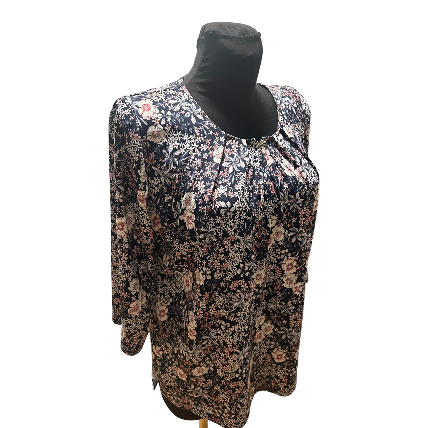 Terreti Bluse Damen Gr L Schwarz Blumen 3/4 Arm Strassbrosche Elegant