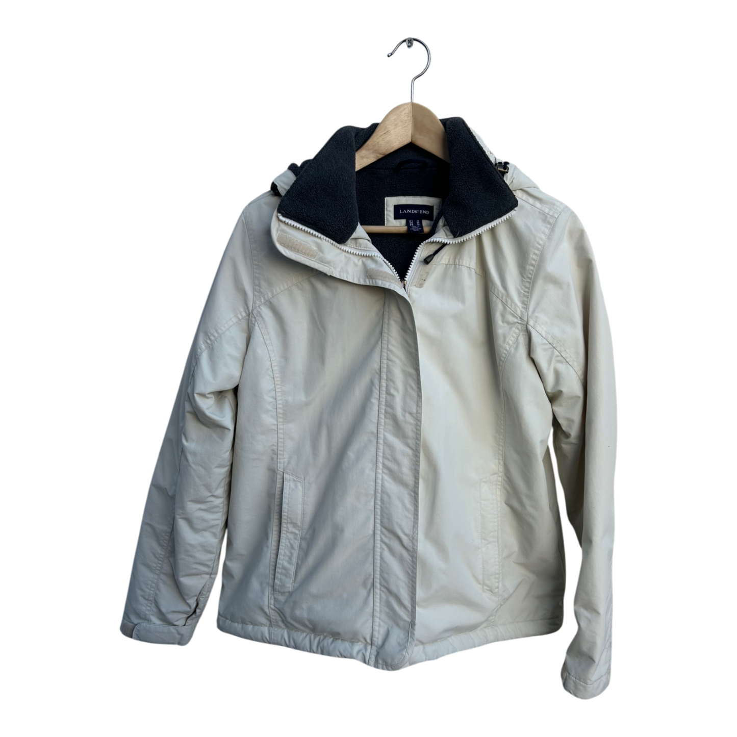 Lands End Jacke Damen Gr M Beige Abnehmbare Kapuze Warm Gefüttert Outdoor