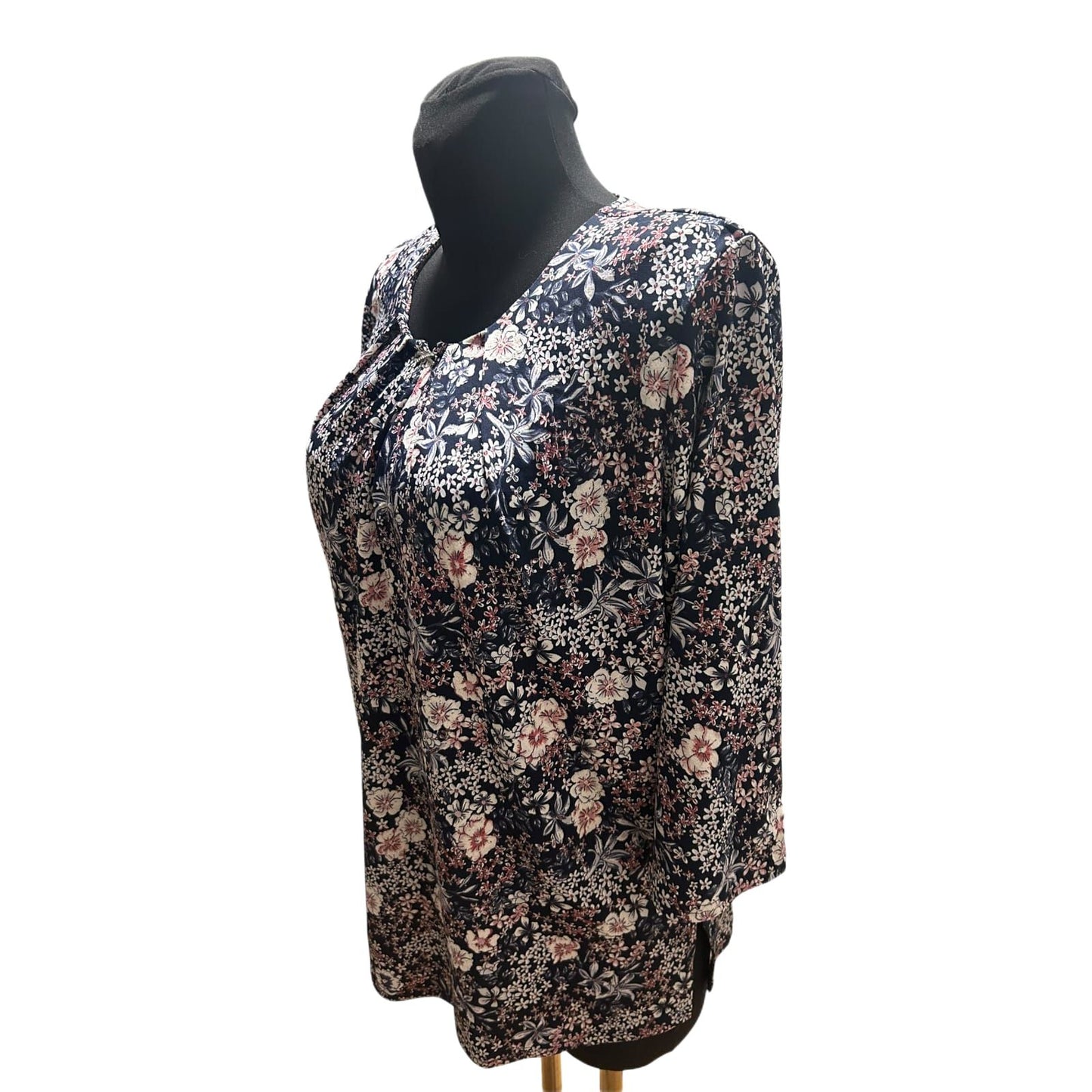 Terreti Bluse Damen Gr L Schwarz Blumen 3/4 Arm Strassbrosche Elegant