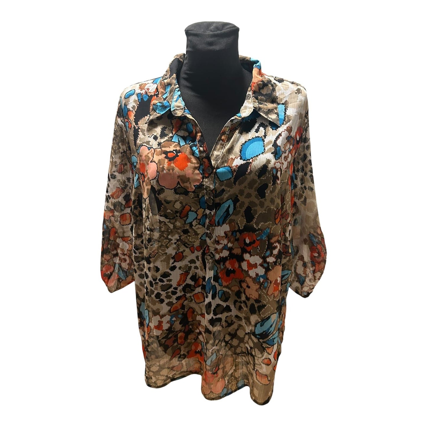 C&A Bluse Damen Gr 50 Braun Blau Rot Muster 3/4 Arm Transparent Elegant