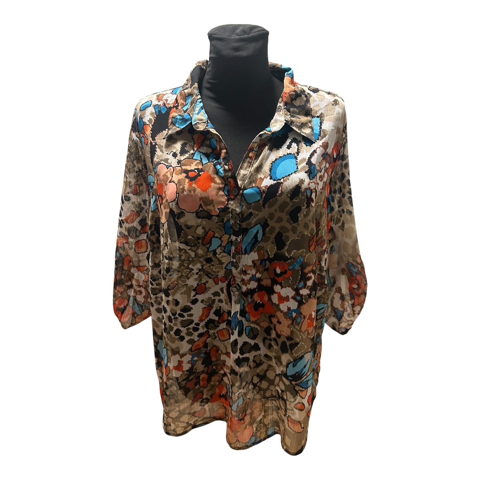 C&A Bluse Damen Gr 50 Braun Blau Rot Muster 3/4 Arm Transparent Elegant