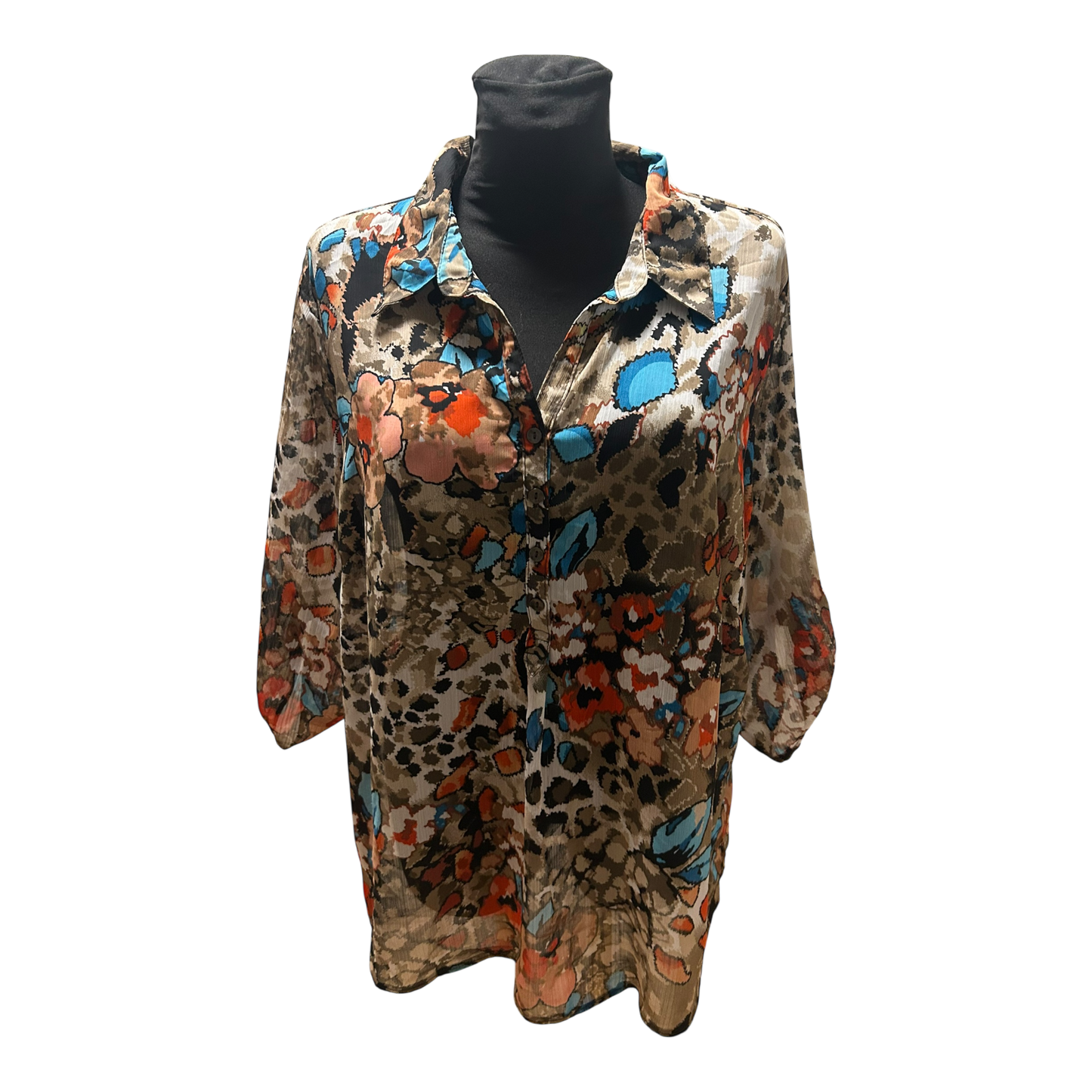 C&A Bluse Damen Gr 50 Braun Blau Rot Muster 3/4 Arm Transparent Elegant