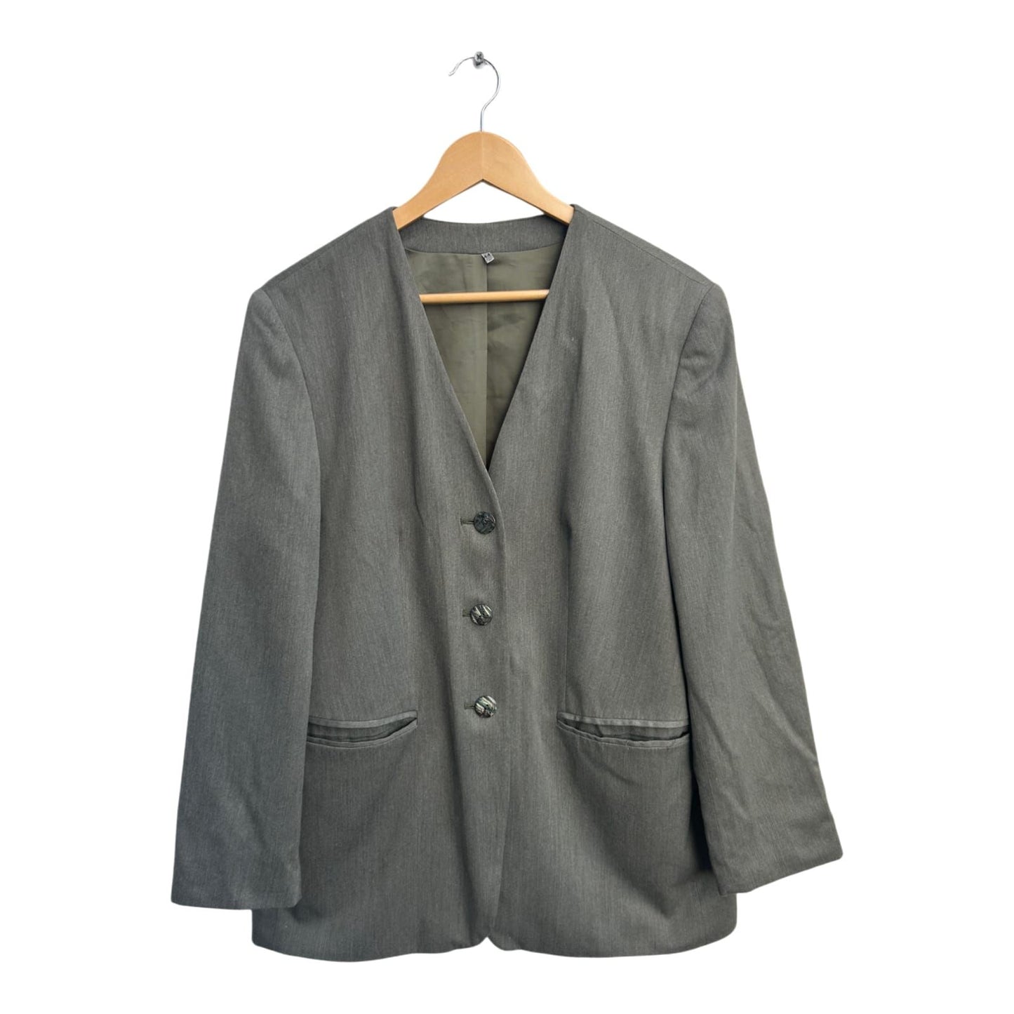 Vintage Blazer Damen Gr 44 Grün Grau Elegant Viskose Poly Perlmuttknöpfe