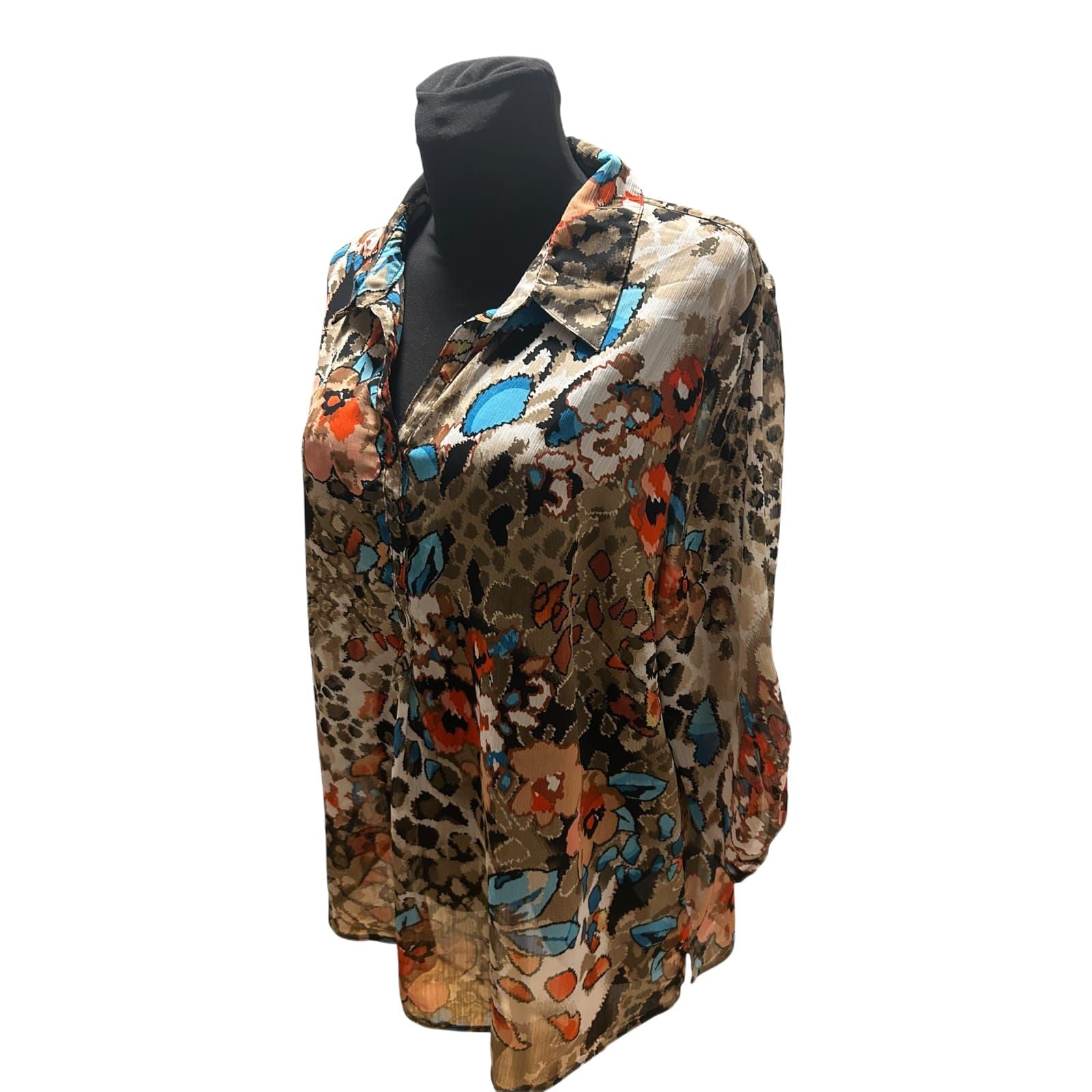 C&A Bluse Damen Gr 50 Braun Blau Rot Muster 3/4 Arm Transparent Elegant