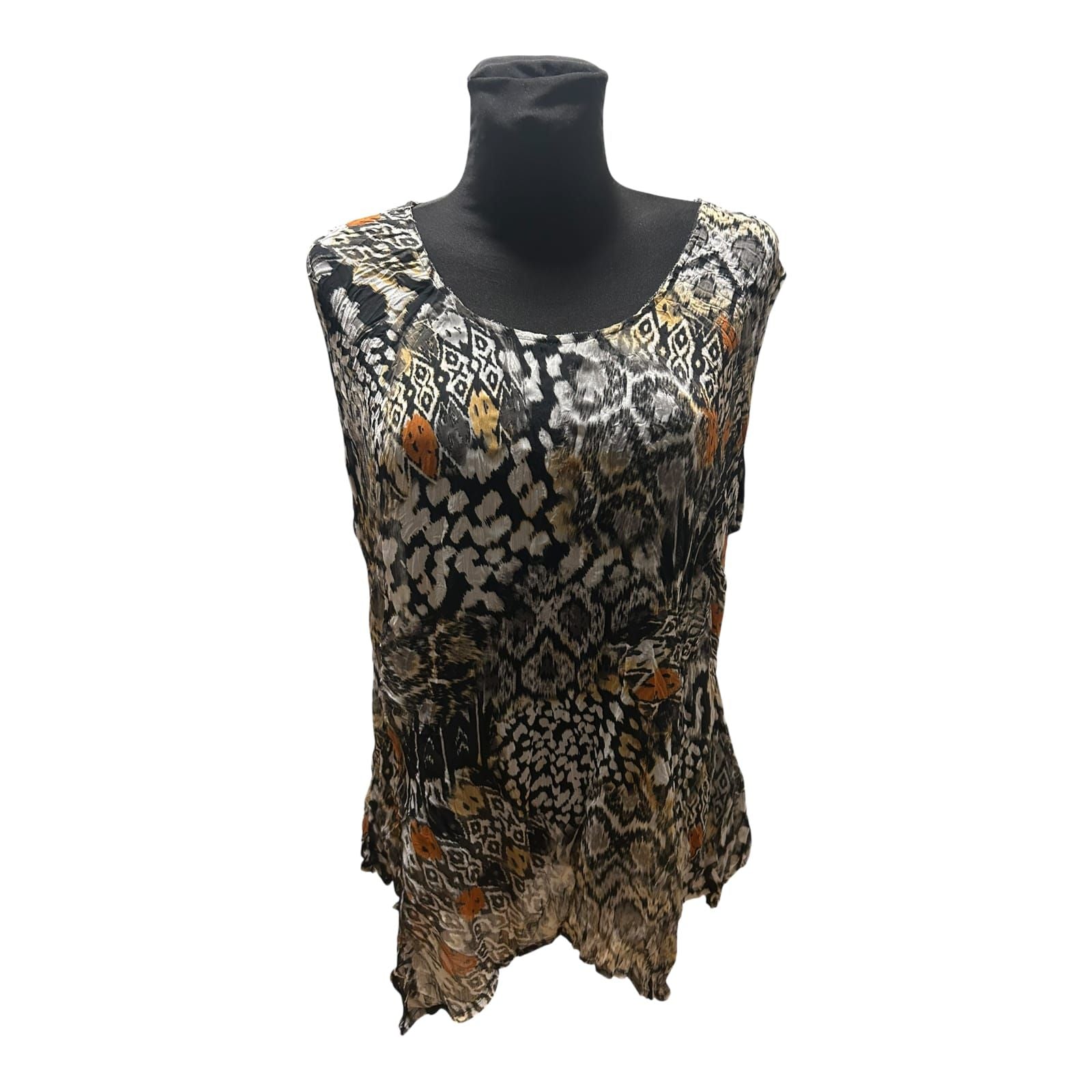 C&A Bluse Damen Gr 46 Braun Schwarz Muster Ärmellos Leicht Transparent