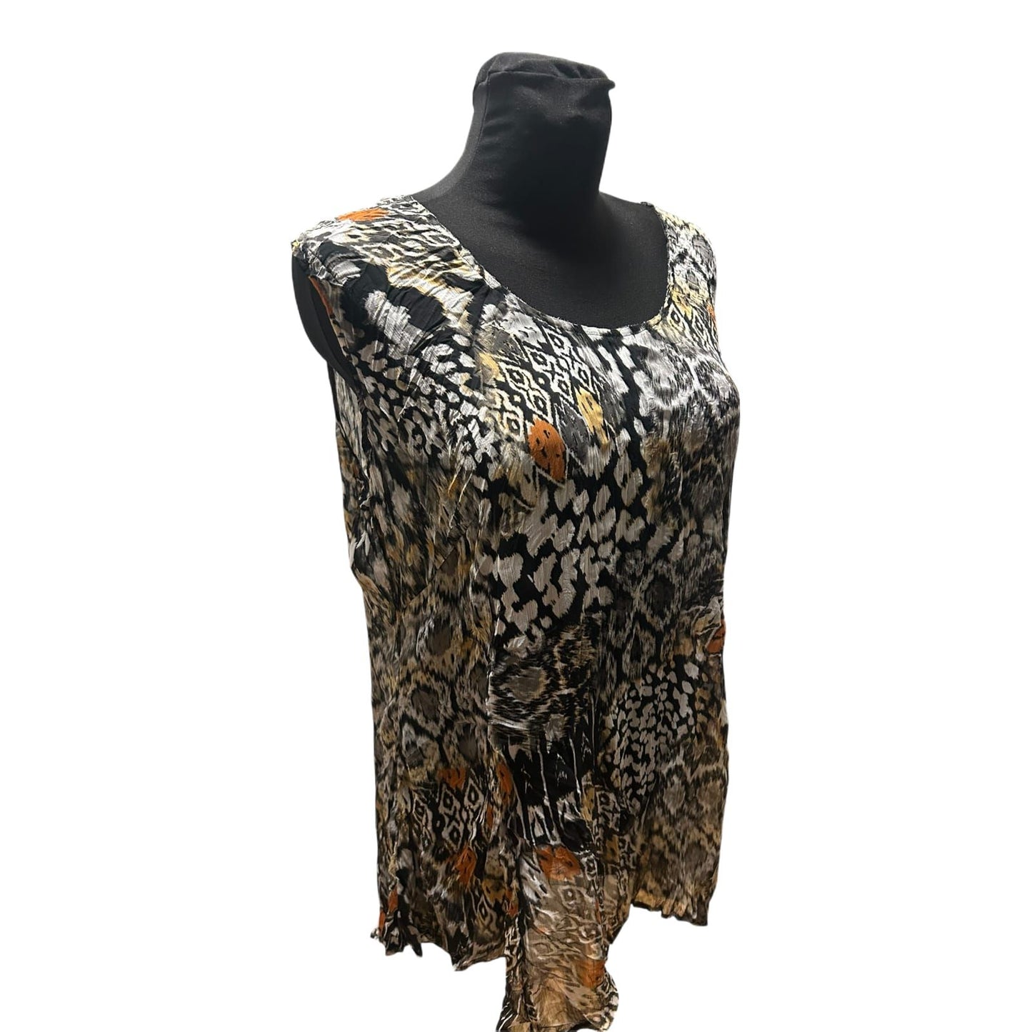 C&A Bluse Damen Gr 46 Braun Schwarz Muster Ärmellos Leicht Transparent