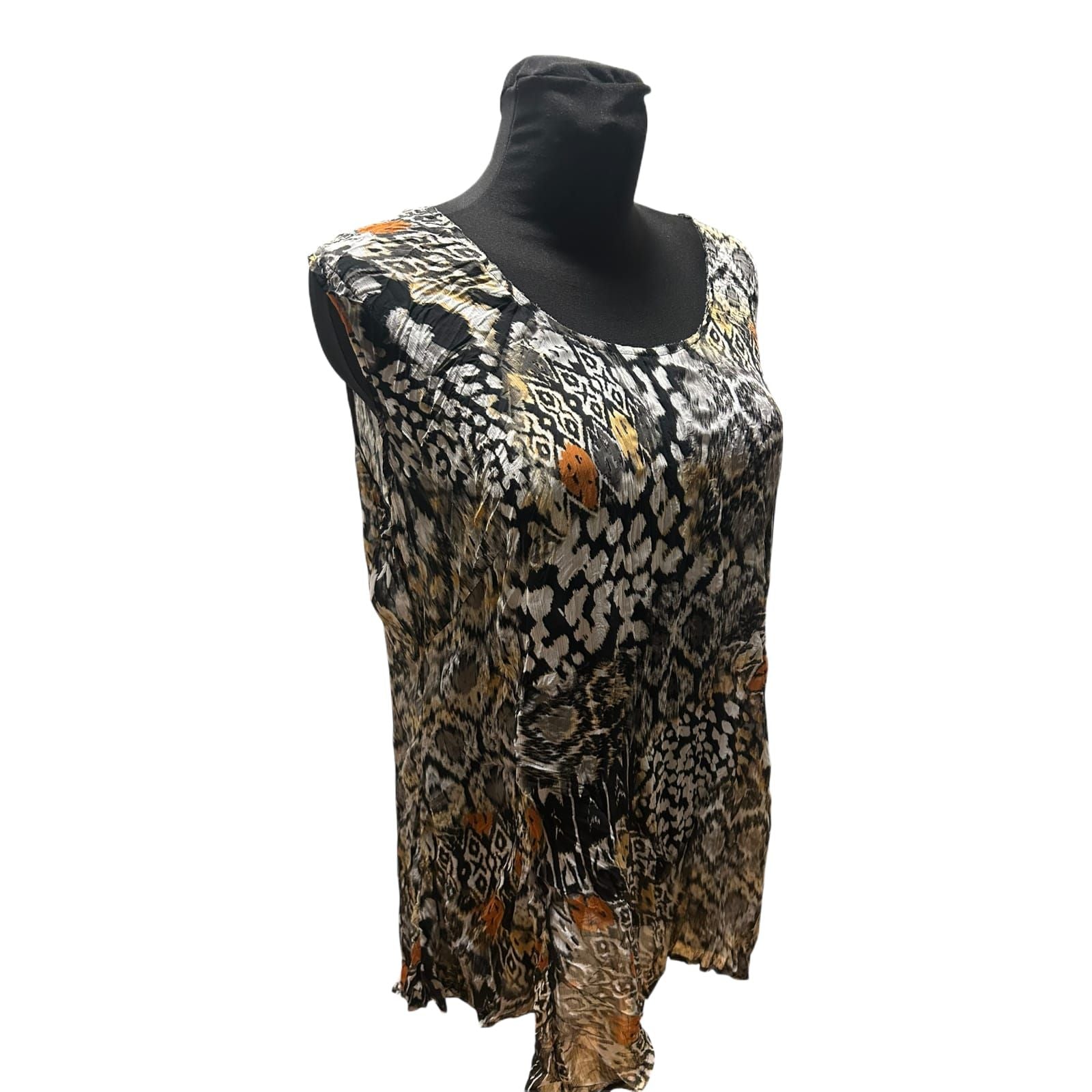 C&A Bluse Damen Gr 46 Braun Schwarz Muster Ärmellos Leicht Transparent