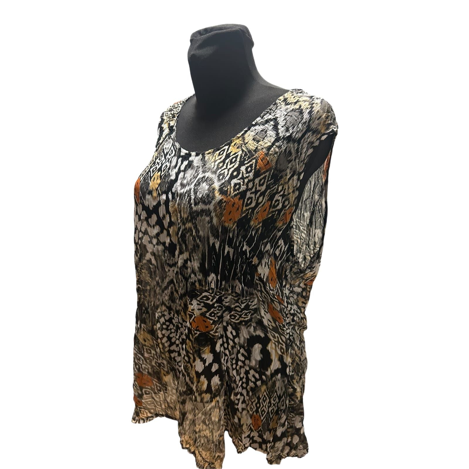 C&A Bluse Damen Gr 46 Braun Schwarz Muster Ärmellos Leicht Transparent