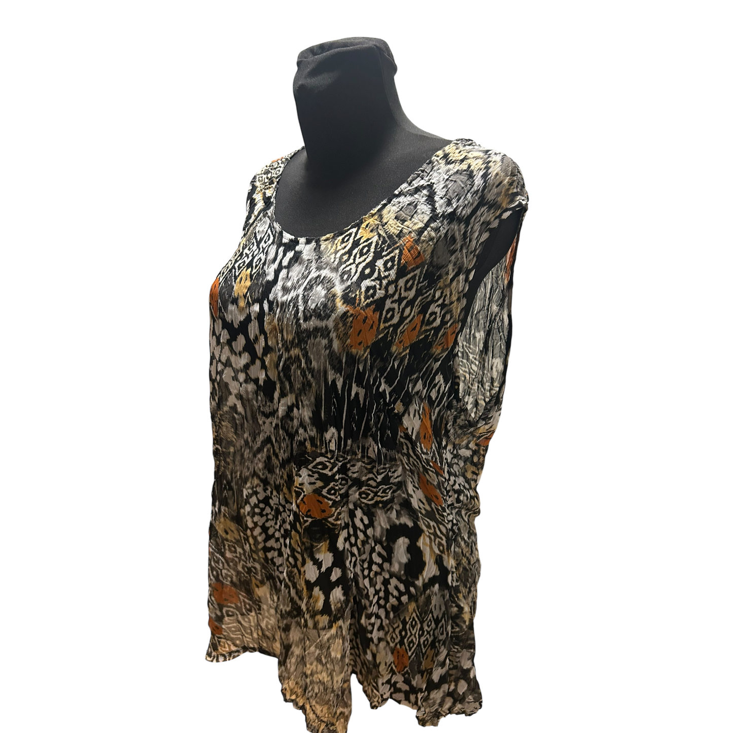 C&A Bluse Damen Gr 46 Braun Schwarz Muster Ärmellos Leicht Transparent