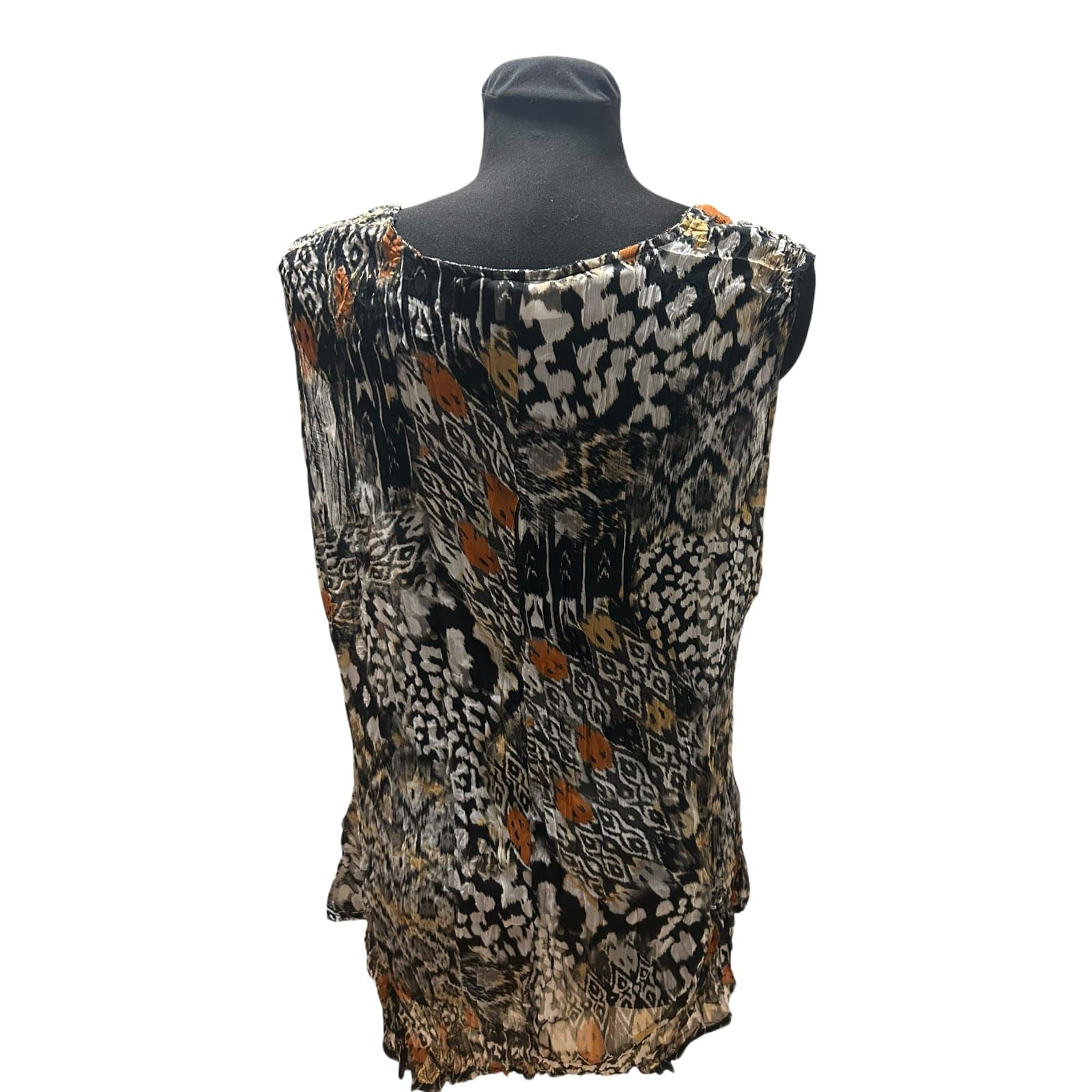 C&A Bluse Damen Gr 46 Braun Schwarz Muster Ärmellos Leicht Transparent